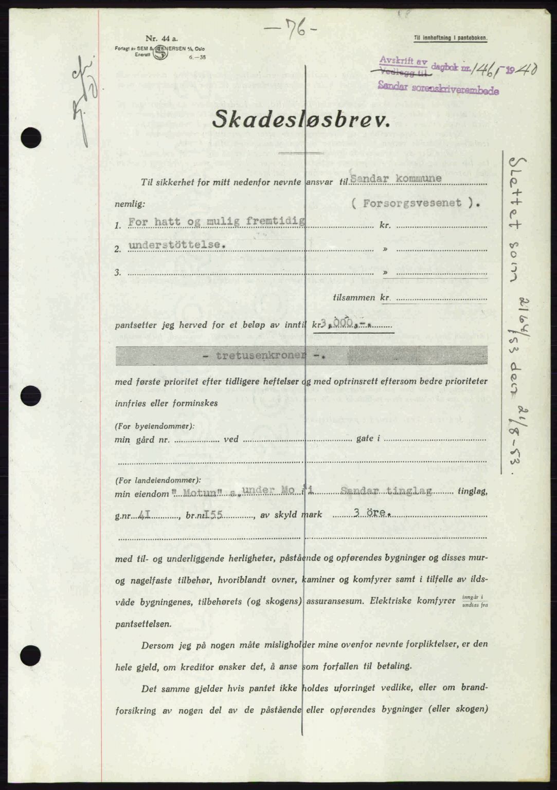 Sandar sorenskriveri, SAKO/A-86/G/Ga/Gab/L0001: Pantebok nr. B-1 og B-3 - B-9, 1936-1944, Dagboknr: 1461/1940