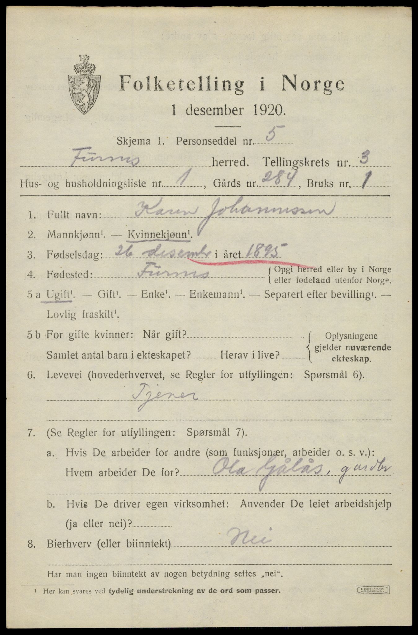 SAH, Folketelling 1920 for 0413 Furnes herred, 1920, s. 4837