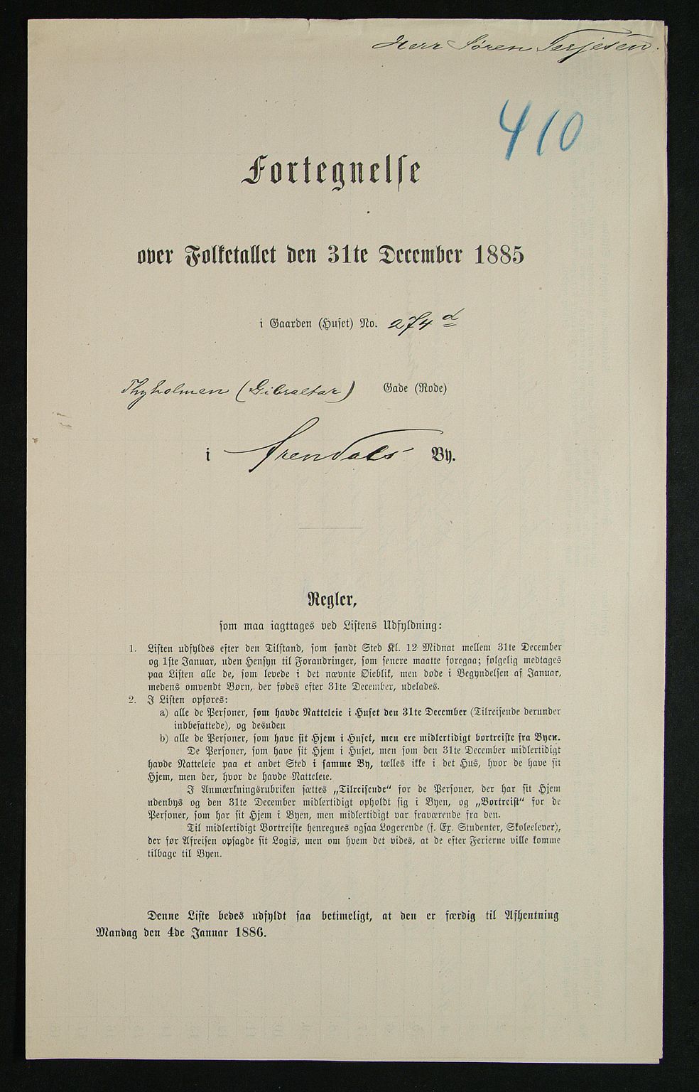 SAK, Folketelling 1885 for 0903 Arendal kjøpstad, 1885, s. 410