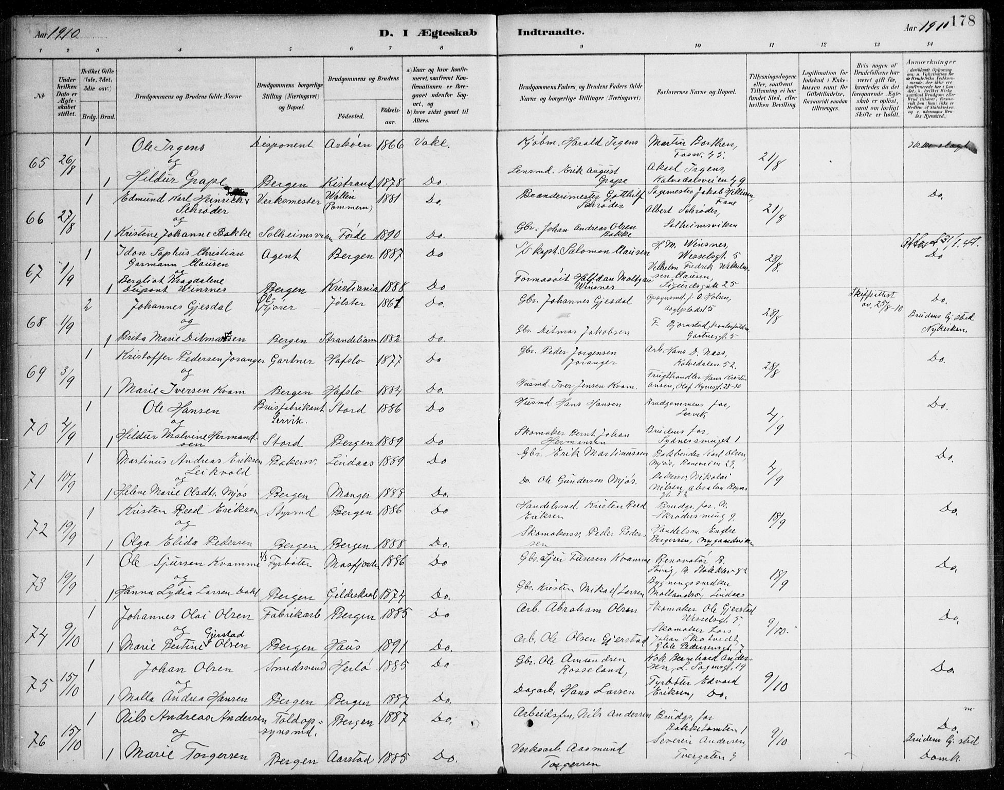 Johanneskirken sokneprestembete, AV/SAB-A-76001/H/Haa/L0012: Ministerialbok nr. D 1, 1885-1912, s. 178