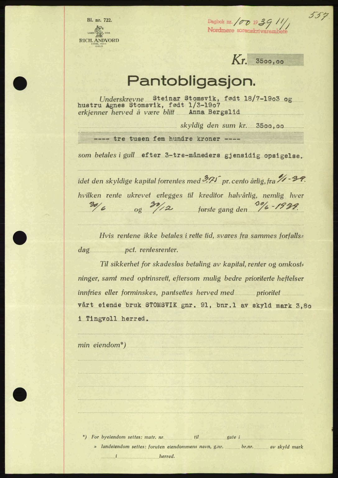 Nordmøre sorenskriveri, SAT/A-4132/1/2/2Ca: Pantebok nr. B84, 1938-1939, Dagboknr: 100/1939