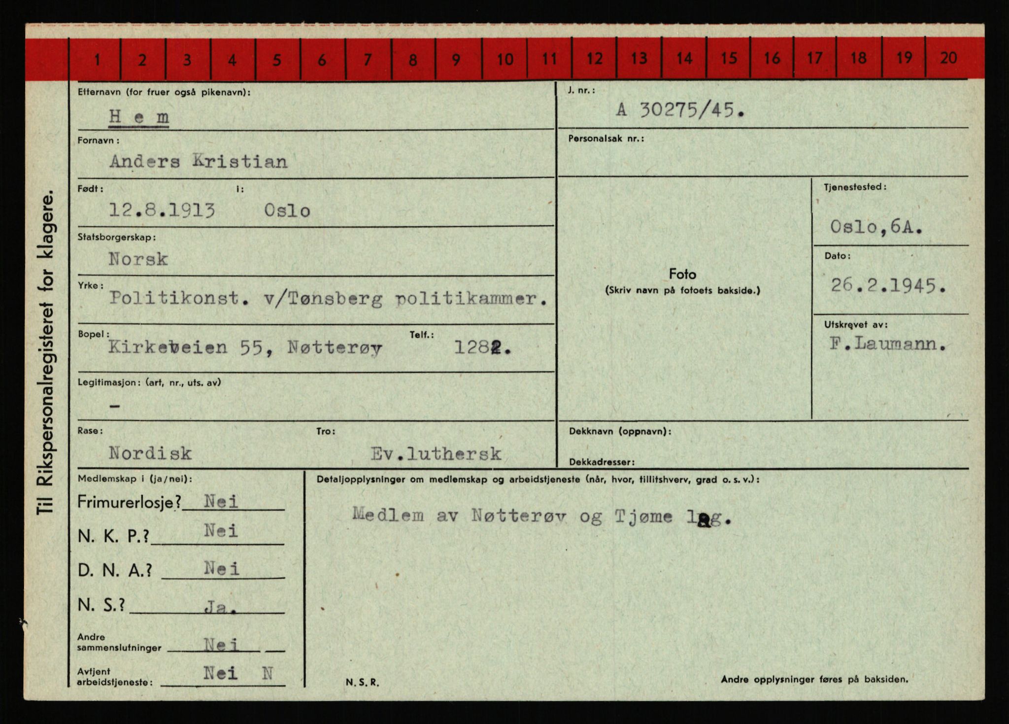 Statspolitiet - Hovedkontoret / Osloavdelingen, AV/RA-S-1329/C/Ca/L0006: Hanche - Hokstvedt, 1943-1945, s. 3540