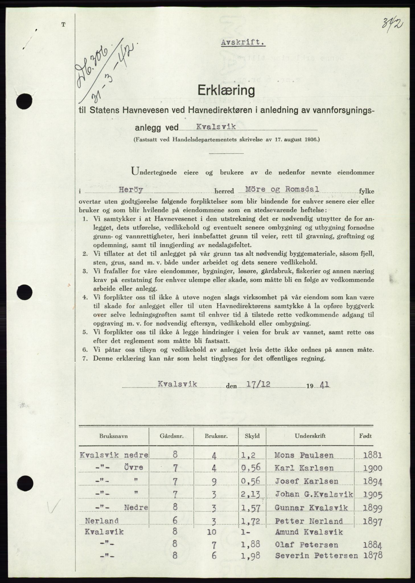 Søre Sunnmøre sorenskriveri, AV/SAT-A-4122/1/2/2C/L0073: Pantebok nr. 67, 1941-1942, Dagboknr: 306/1942