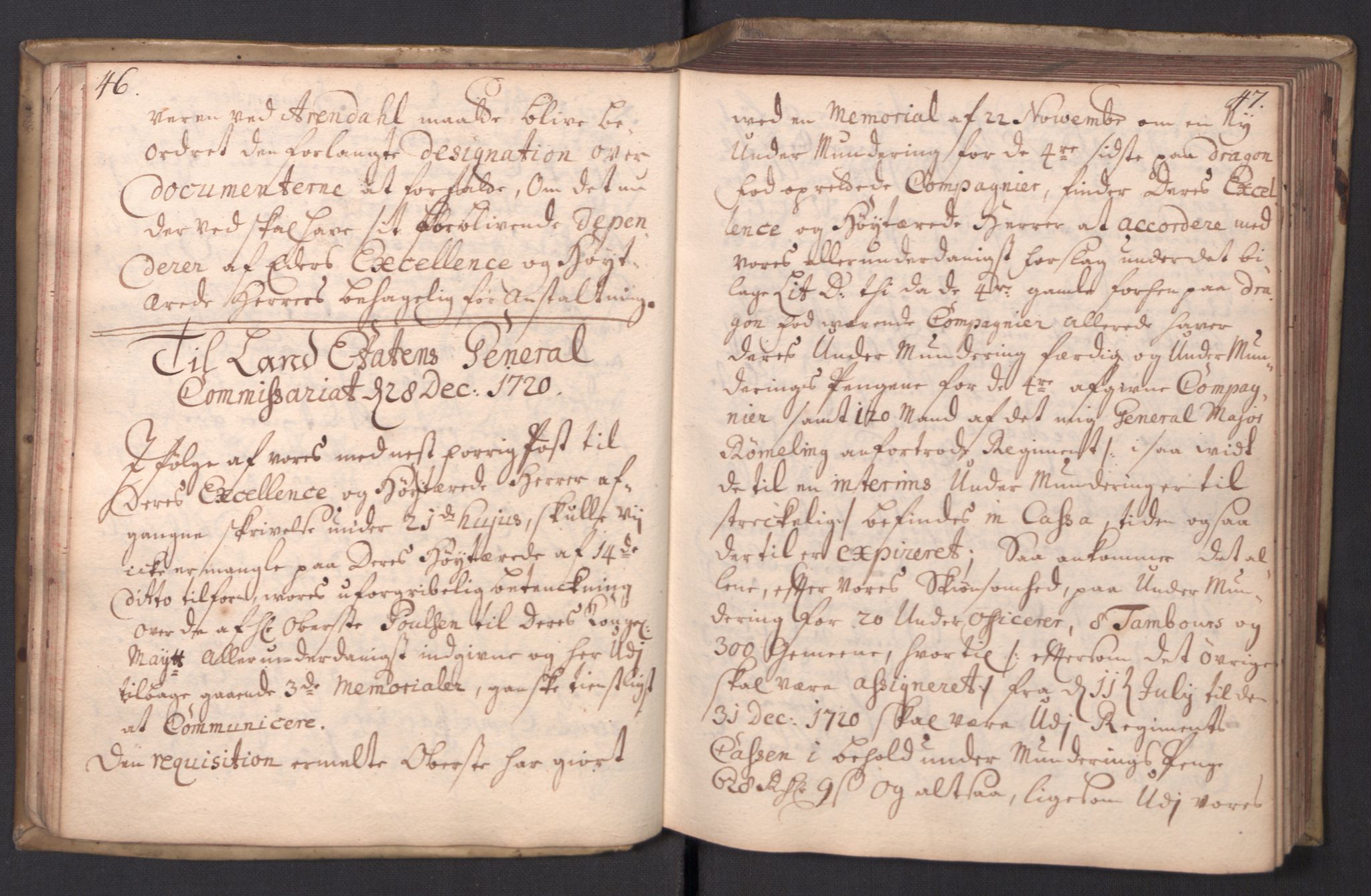 Kommanderende general (KG I) med Det norske krigsdirektorium, AV/RA-EA-5419/B/L0008: Kommanderende generals kopibok, 1720-1721, s. 46-47