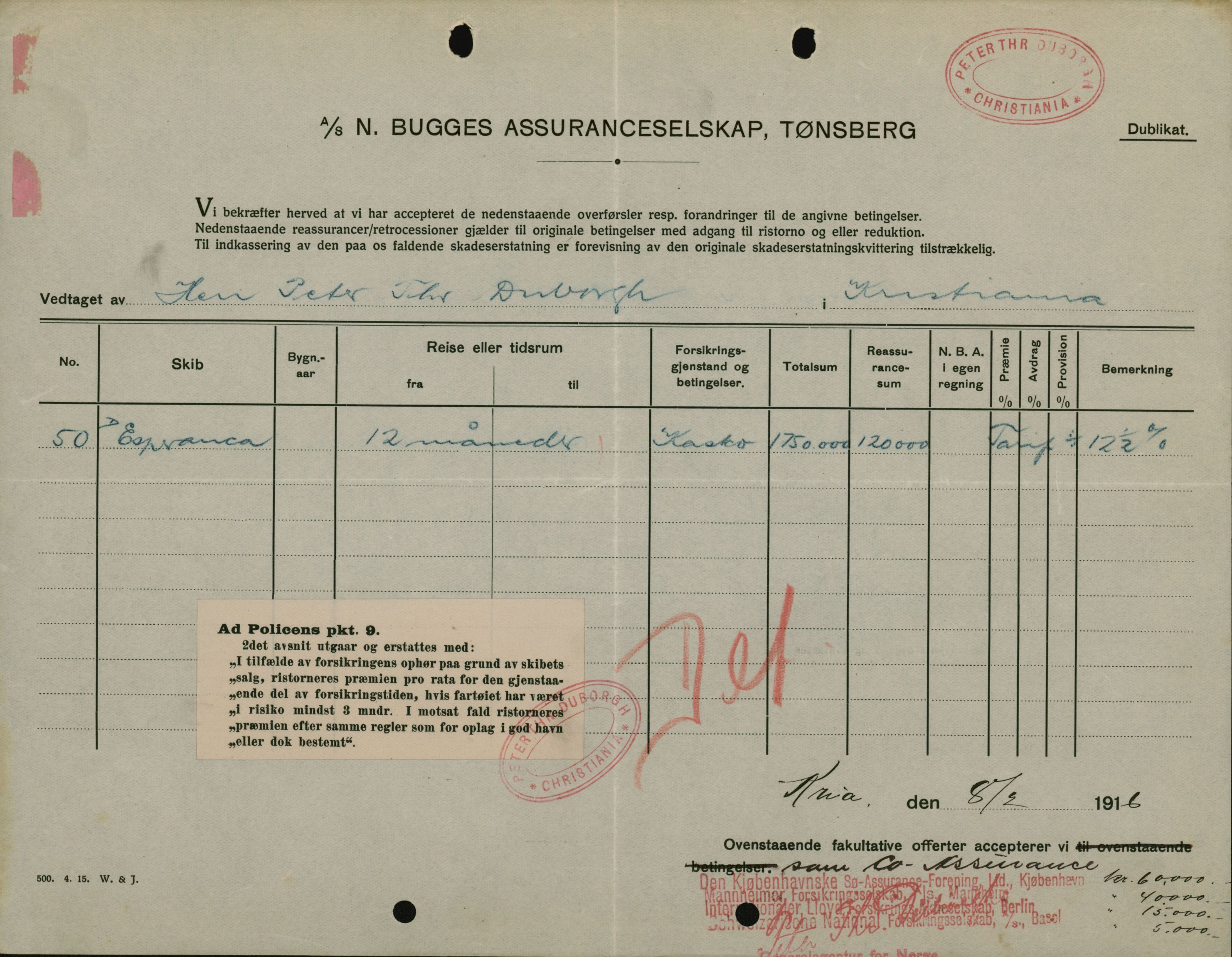 Pa 664 - Tønsberg Sjøforsikringsselskap, VEMU/A-1773/F/L0001: Forsikringspoliser, 1915-1918