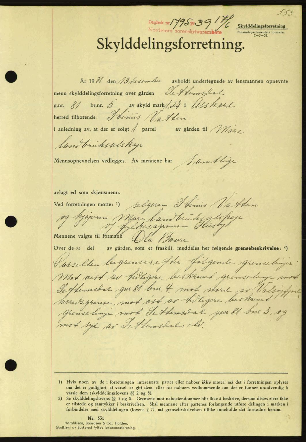 Nordmøre sorenskriveri, AV/SAT-A-4132/1/2/2Ca: Pantebok nr. A86, 1939-1939, Dagboknr: 1795/1939