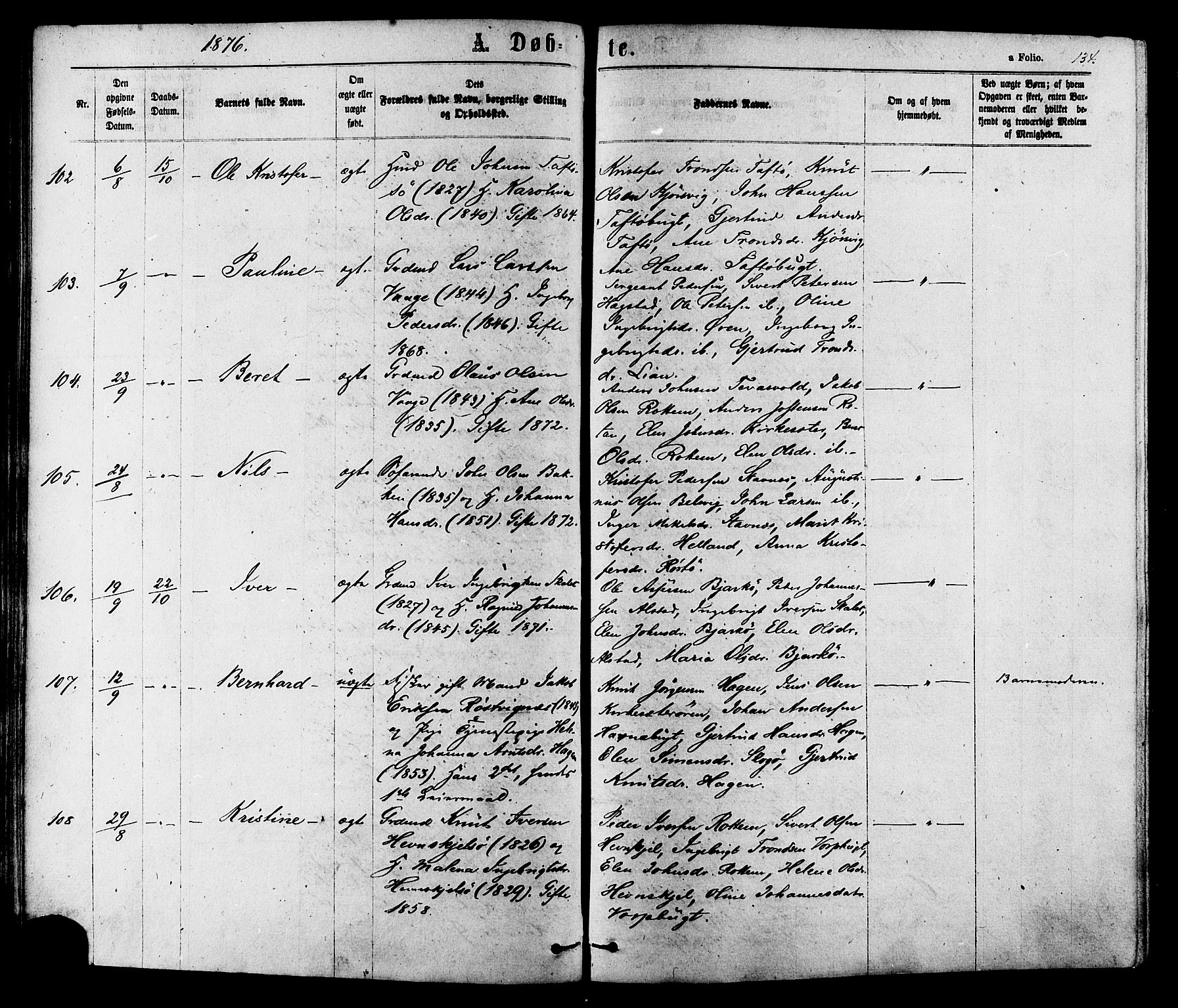 Ministerialprotokoller, klokkerbøker og fødselsregistre - Sør-Trøndelag, SAT/A-1456/630/L0495: Ministerialbok nr. 630A08, 1868-1878, s. 134