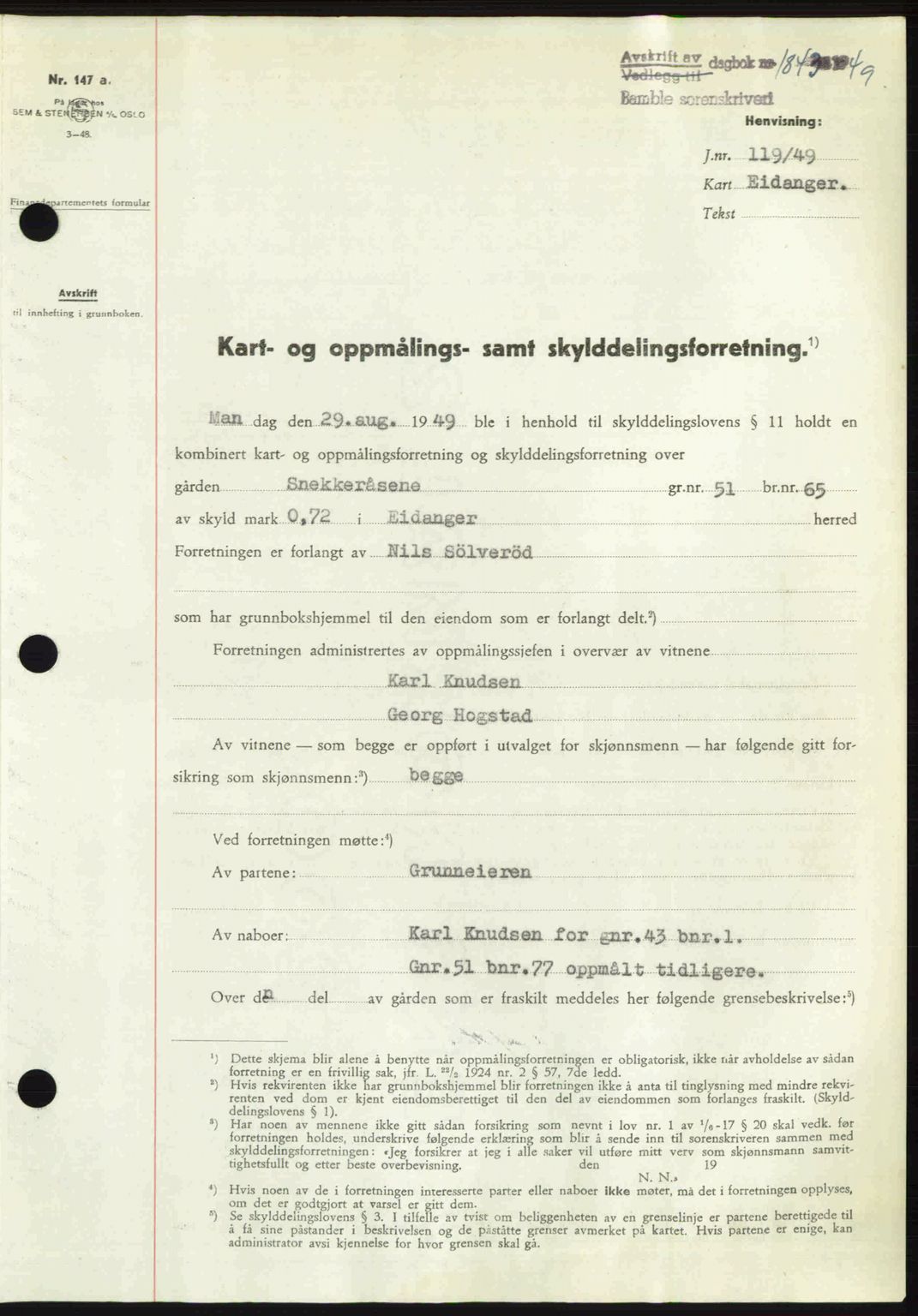 Bamble sorenskriveri, SAKO/A-214/G/Ga/Gag/L0015: Pantebok nr. A-15, 1949-1949, Dagboknr: 1843/1949