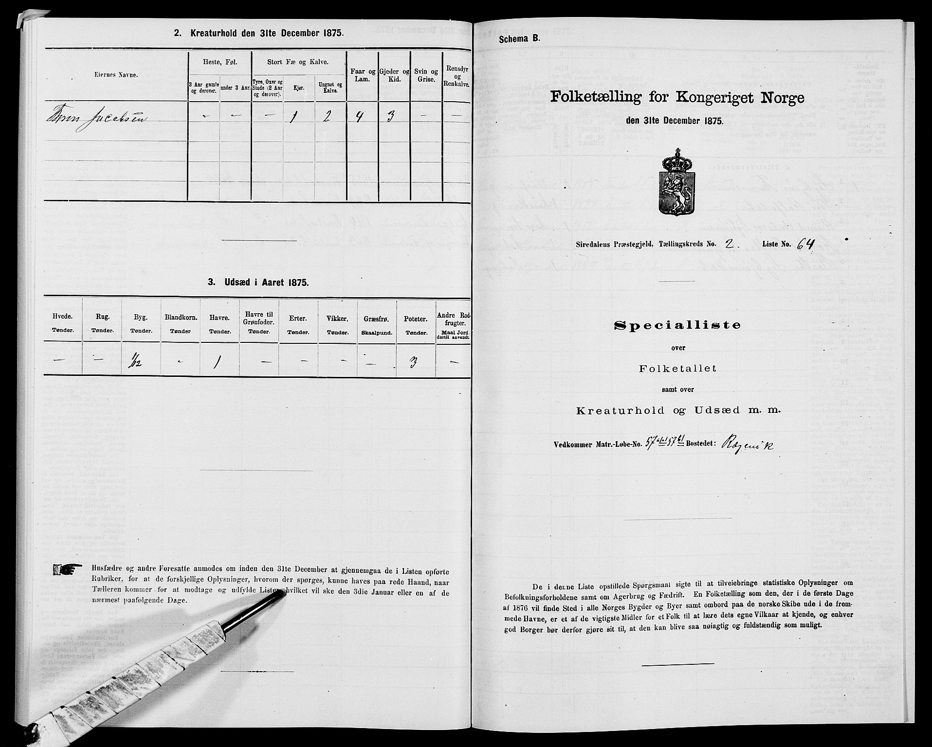 SAK, Folketelling 1875 for 1046P Sirdal prestegjeld, 1875, s. 264