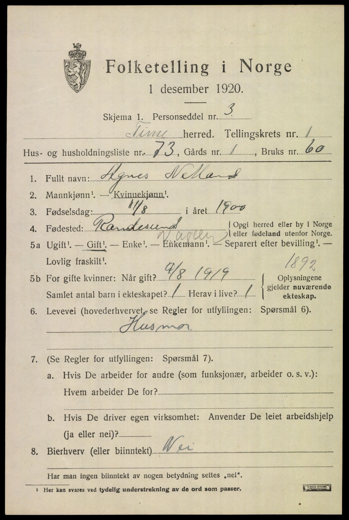 SAST, Folketelling 1920 for 1121 Time herred, 1920, s. 2187