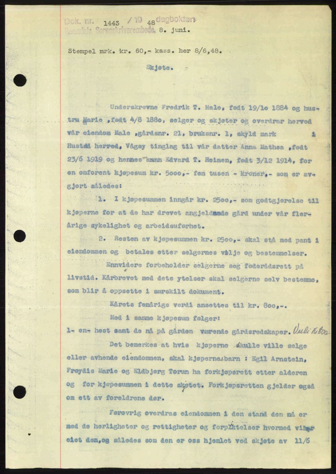 Romsdal sorenskriveri, SAT/A-4149/1/2/2C: Pantebok nr. A26, 1948-1948, Dagboknr: 1443/1948
