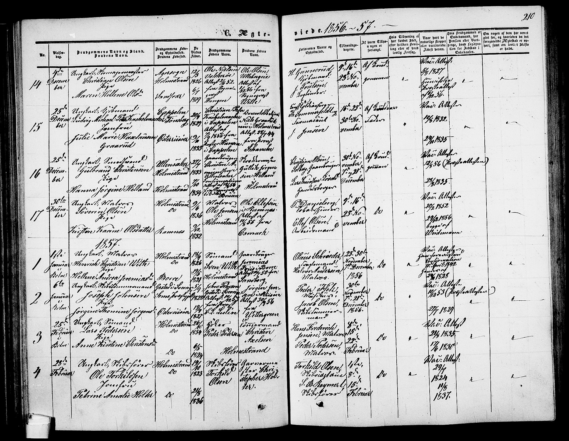 Holmestrand kirkebøker, AV/SAKO-A-346/G/Ga/L0003: Klokkerbok nr. 3, 1849-1874, s. 210