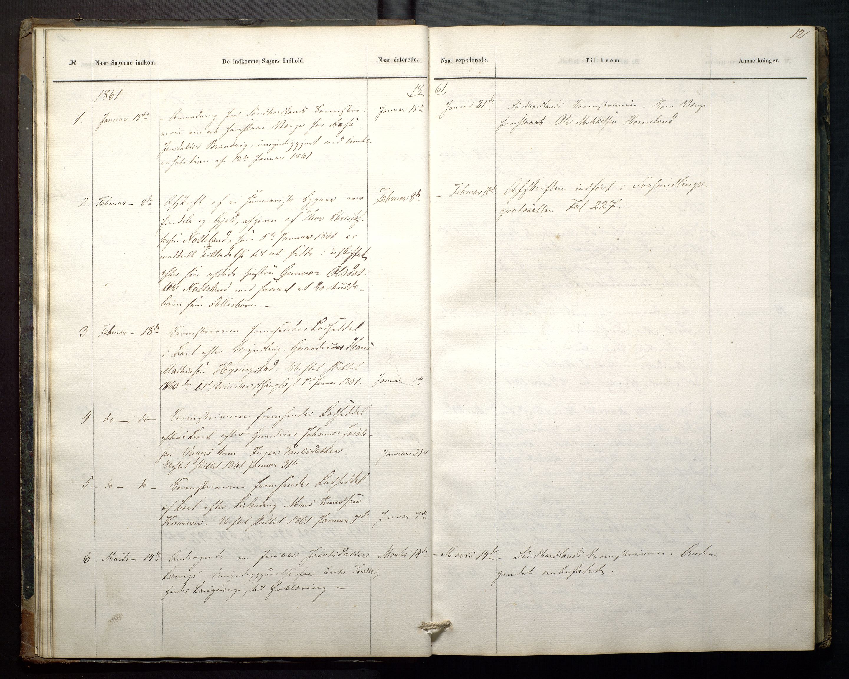 Finnaas kommune. Overformynderiet, IKAH/1218a-812/C/Ca/Caa/L0001: Postjournal for Finnås overformynderi, 1859-1888, s. 12