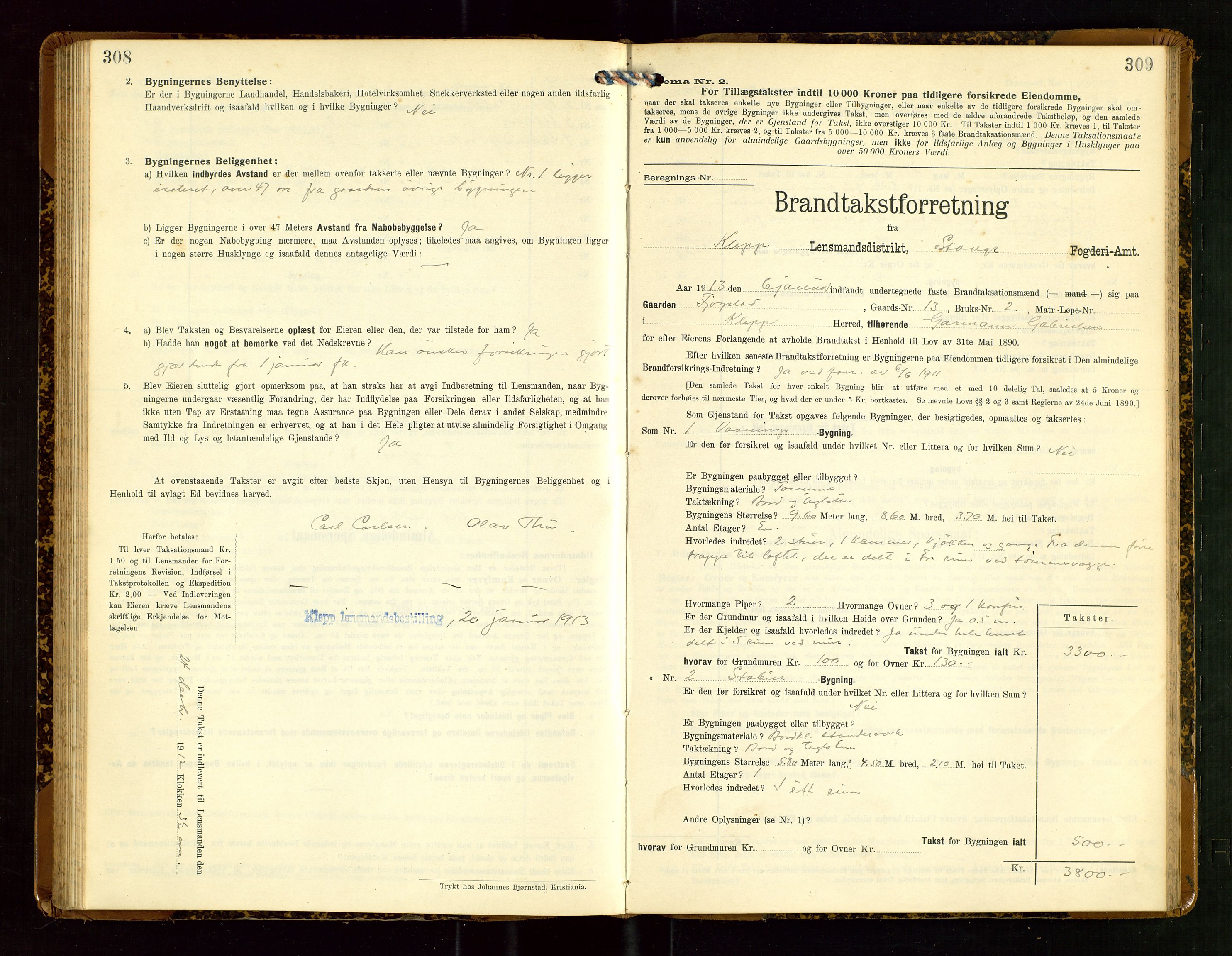 Klepp lensmannskontor, AV/SAST-A-100163/Goc/L0007: "Brandtaxationsprotokol" m/register, 1911-1915, s. 308-309