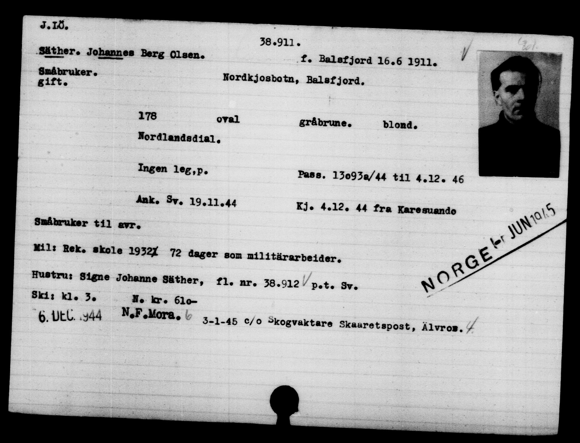 Utenriksstasjonene, Legasjonen i Stockholm, Flyktningkontoret, AV/RA-S-6753/V/Va/L0015: Kjesäterkartoteket, flyktninger med registreringsnr. 37800-40770, 1940-1945, s. 1143