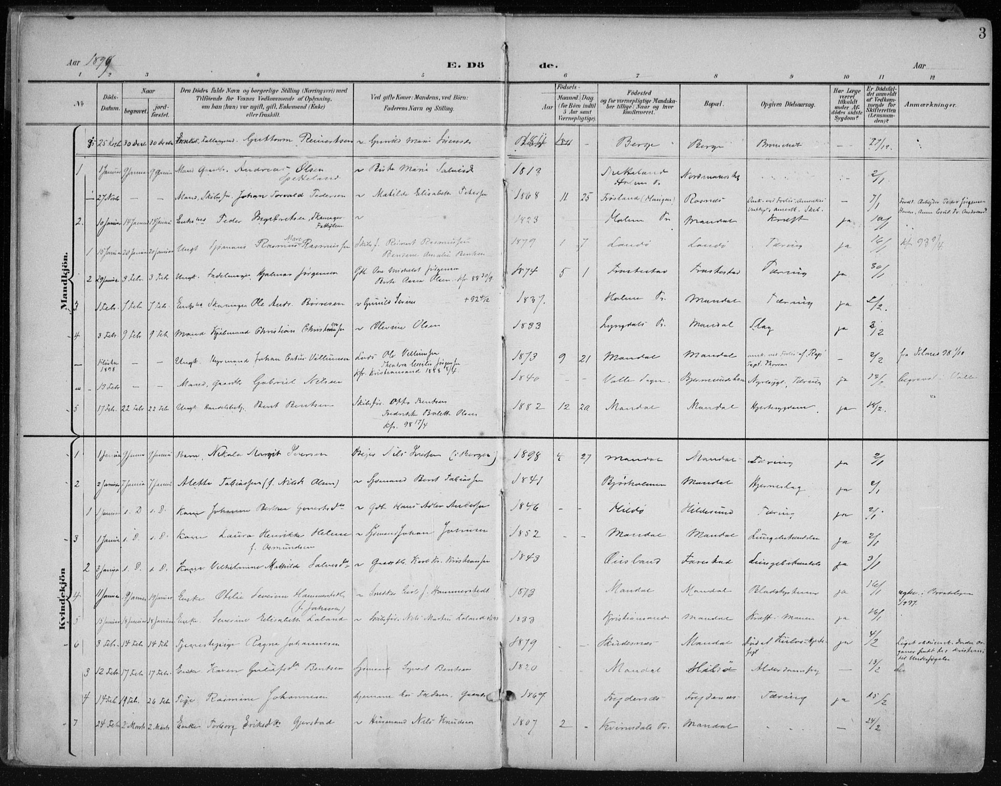 Mandal sokneprestkontor, AV/SAK-1111-0030/F/Fa/Faa/L0021: Ministerialbok nr. A 21, 1898-1913, s. 3