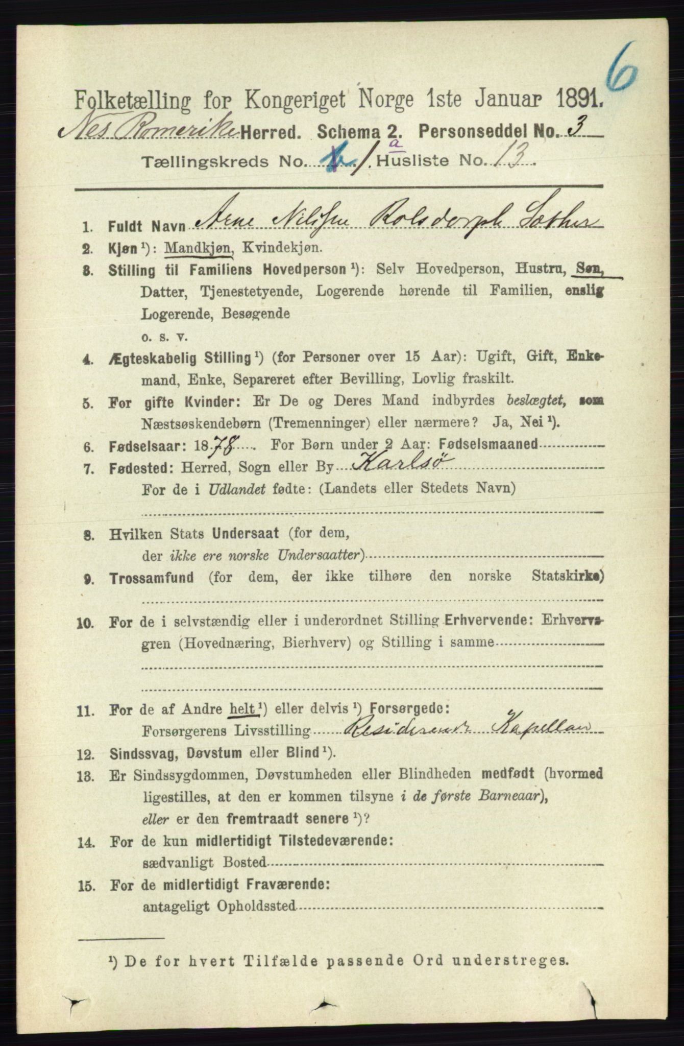 RA, Folketelling 1891 for 0236 Nes herred, 1891, s. 188