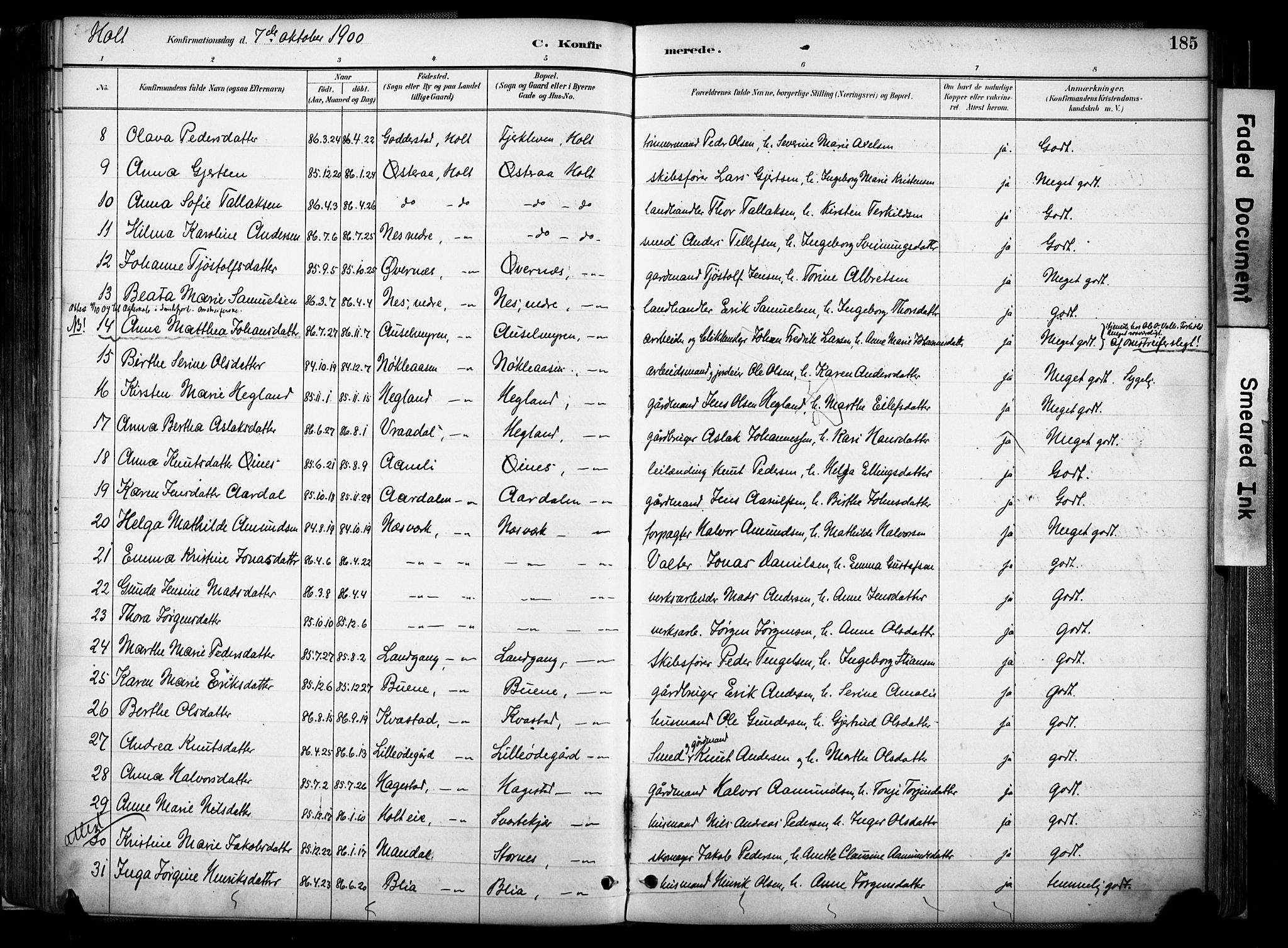 Holt sokneprestkontor, AV/SAK-1111-0021/F/Fa/L0012: Ministerialbok nr. A 12, 1885-1907, s. 185