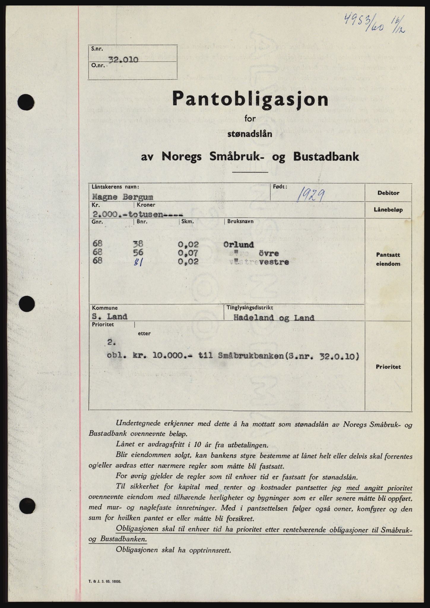 Hadeland og Land tingrett, SAH/TING-010/H/Hb/Hbc/L0044: Pantebok nr. B44, 1960-1961, Dagboknr: 4953/1960