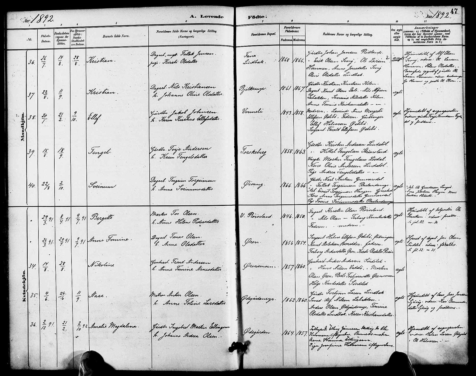 Søndeled sokneprestkontor, AV/SAK-1111-0038/F/Fa/L0005: Ministerialbok nr. A 5, 1889-1899, s. 47