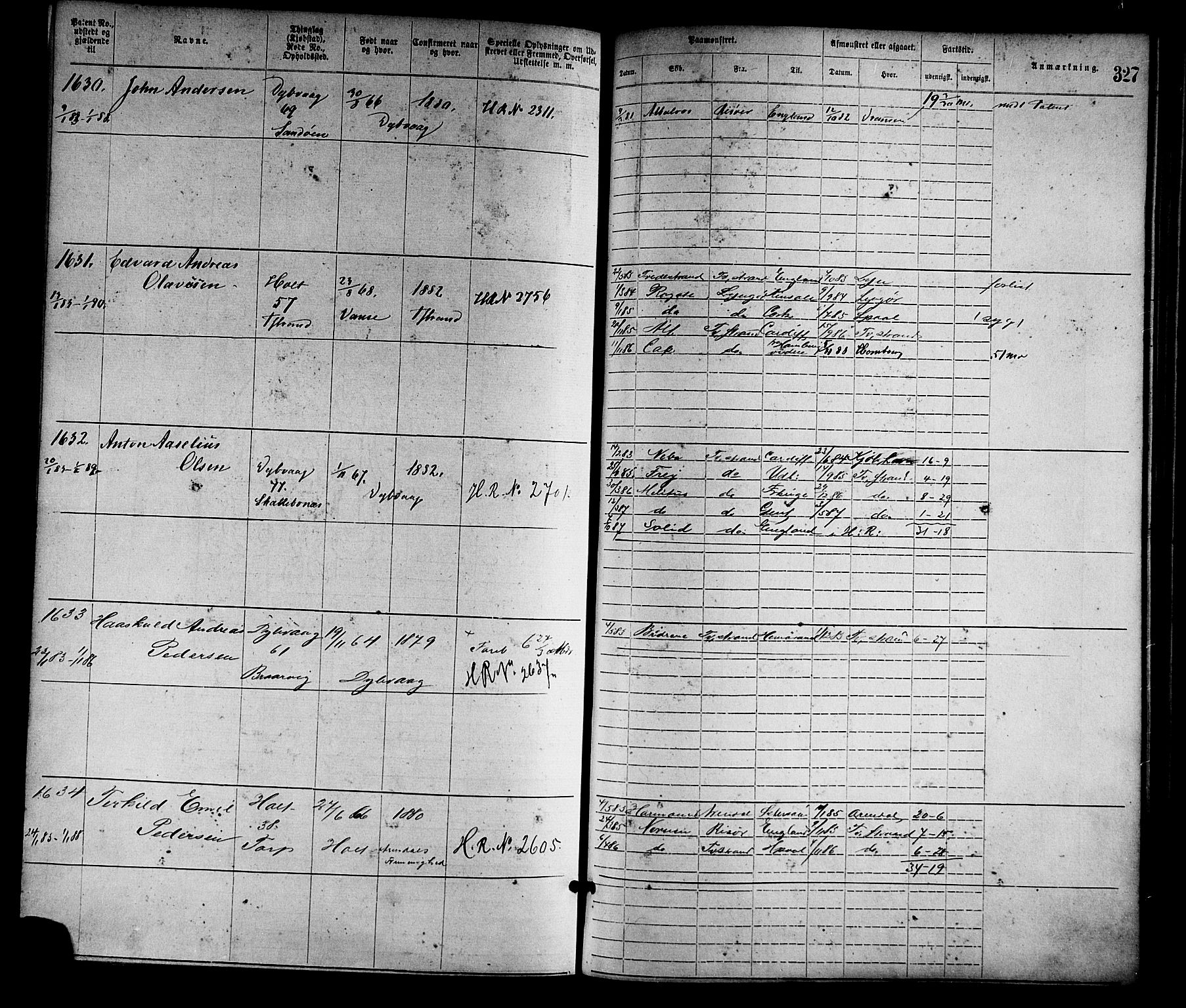 Tvedestrand mønstringskrets, SAK/2031-0011/F/Fa/L0001: Annotasjonsrulle nr 1-1905 med register, R-1, 1866-1886, s. 352