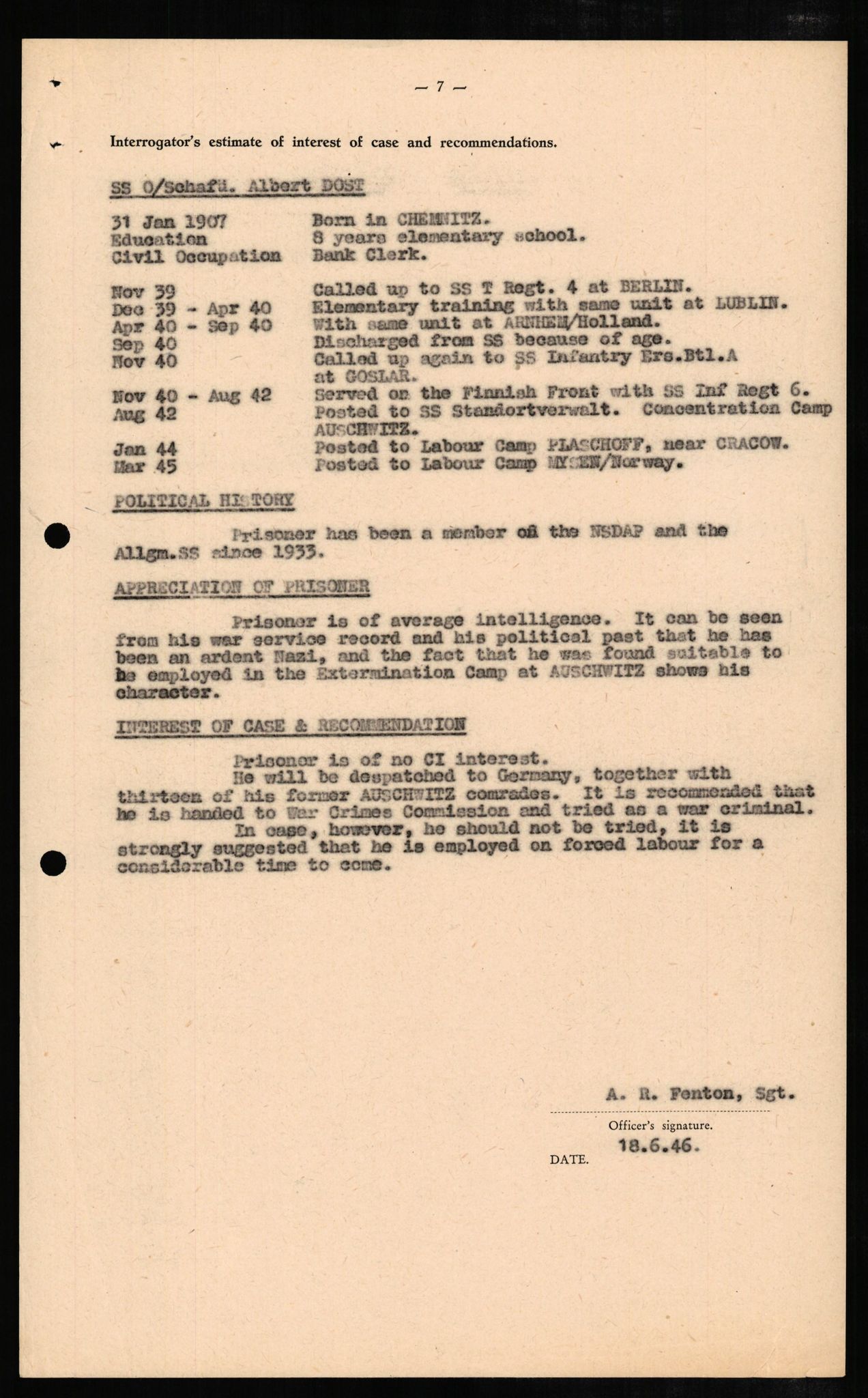 Forsvaret, Forsvarets overkommando II, AV/RA-RAFA-3915/D/Db/L0006: CI Questionaires. Tyske okkupasjonsstyrker i Norge. Tyskere., 1945-1946, s. 172