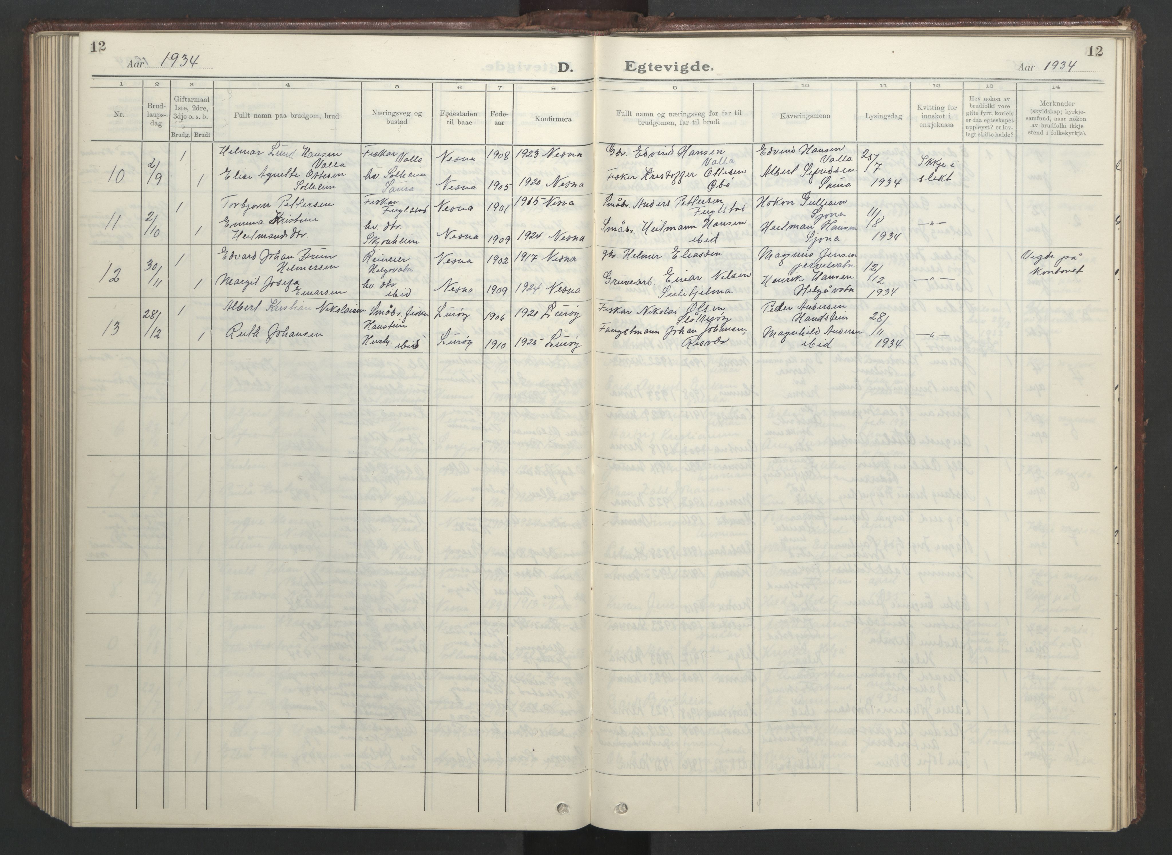 Ministerialprotokoller, klokkerbøker og fødselsregistre - Nordland, AV/SAT-A-1459/838/L0561: Klokkerbok nr. 838C08, 1923-1953, s. 12