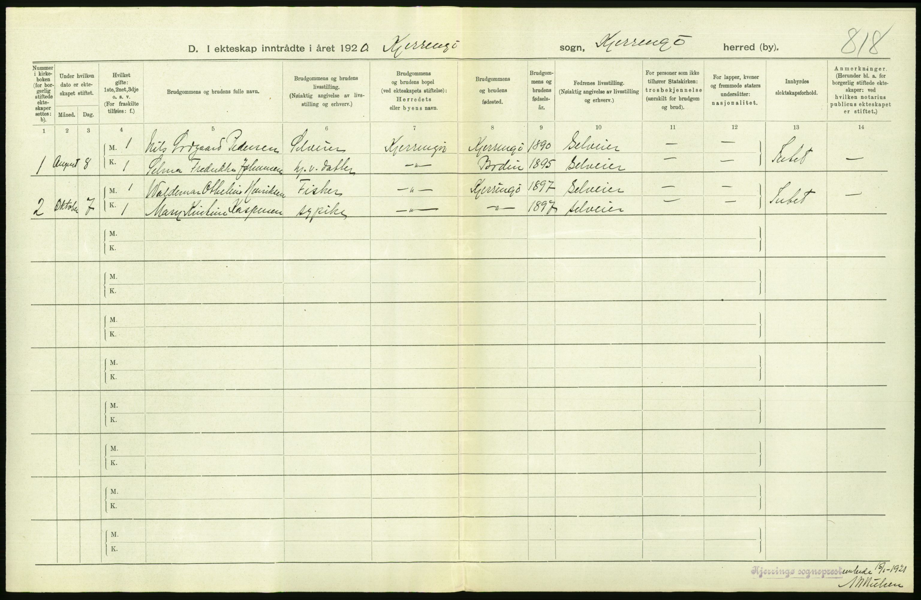 Statistisk sentralbyrå, Sosiodemografiske emner, Befolkning, RA/S-2228/D/Df/Dfb/Dfbj/L0057: Nordland fylke: Gifte, dødfødte. Bygder og byer., 1920, s. 178