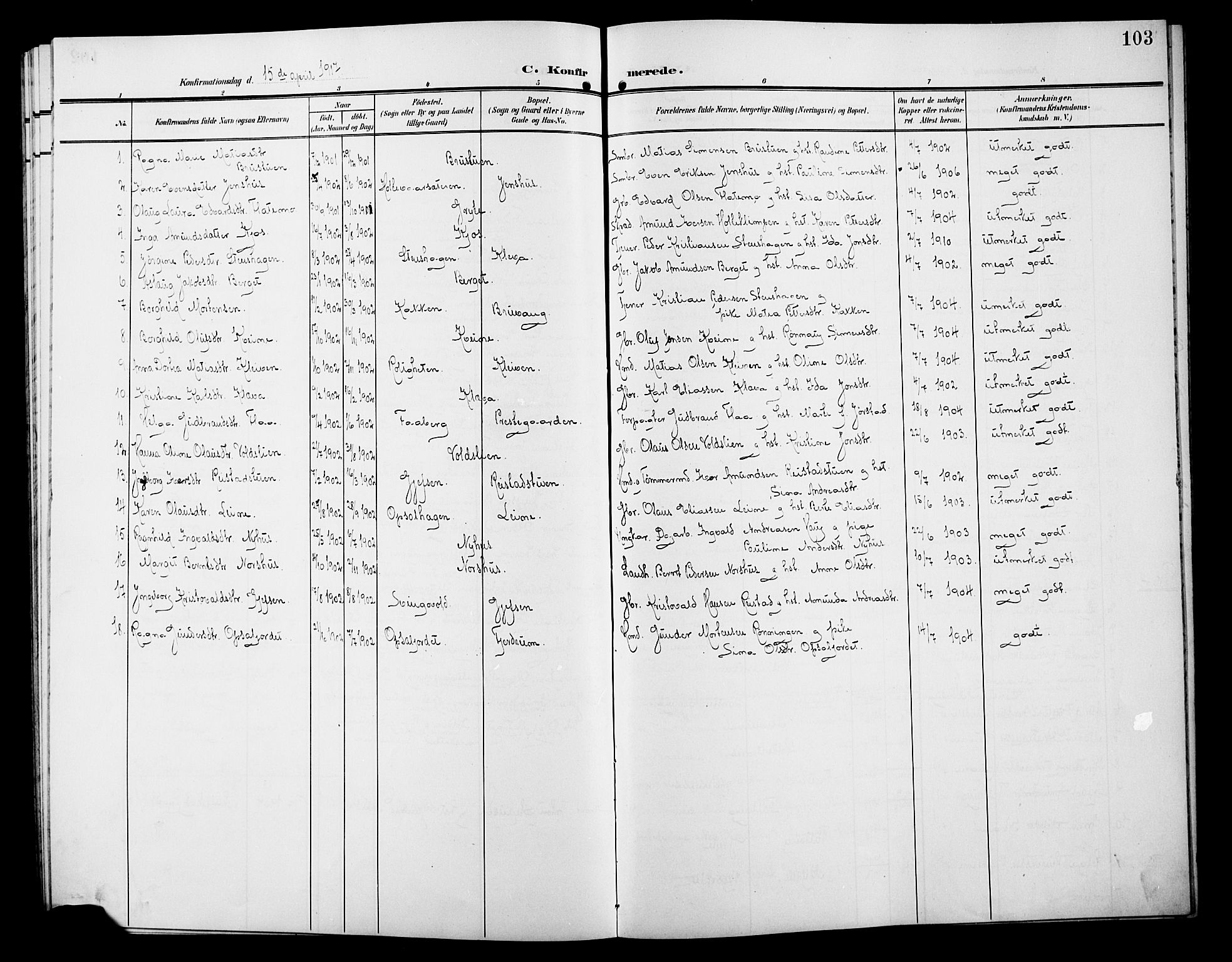 Østre Gausdal prestekontor, AV/SAH-PREST-092/H/Ha/Hab/L0004: Klokkerbok nr. 4, 1905-1923, s. 103