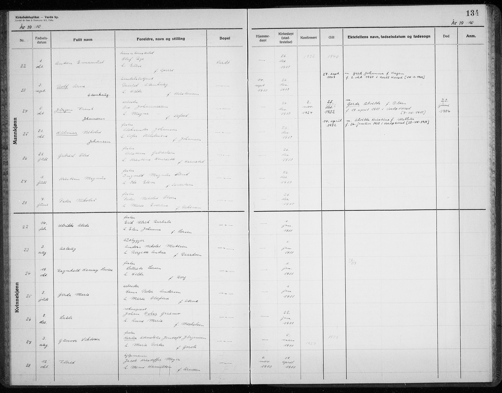 Vardø sokneprestkontor, AV/SATØ-S-1332/H/Hc/L0001kirkerekon: Annen kirkebok nr. 1, 1900-1914, s. 134