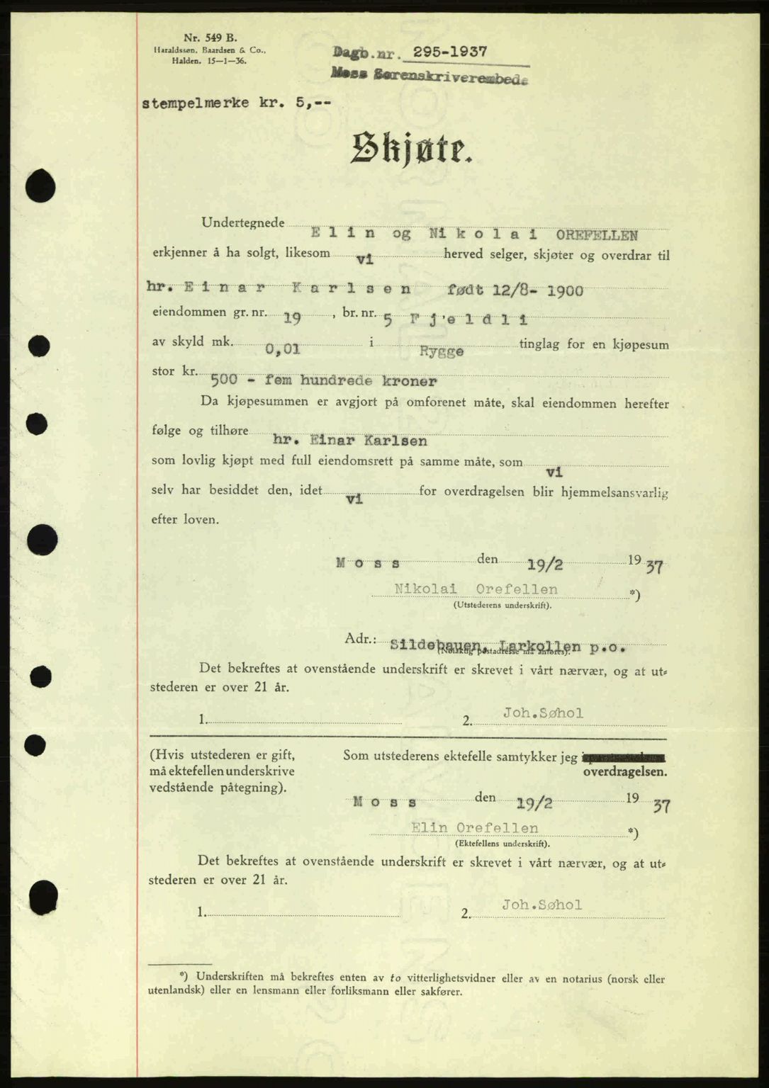 Moss sorenskriveri, SAO/A-10168: Pantebok nr. A2, 1936-1937, Dagboknr: 295/1936