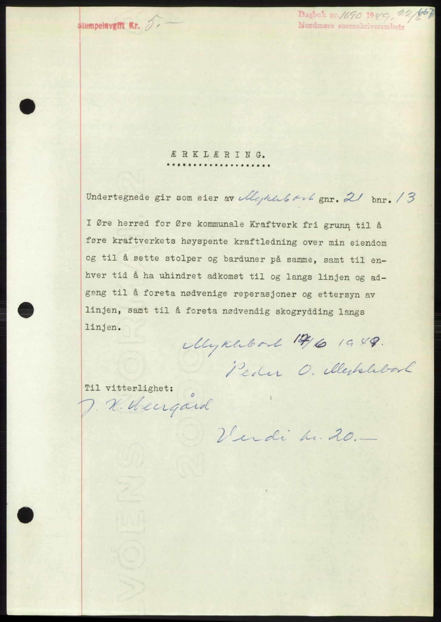 Nordmøre sorenskriveri, SAT/A-4132/1/2/2Ca: Pantebok nr. B101, 1949-1949, Dagboknr: 1690/1949