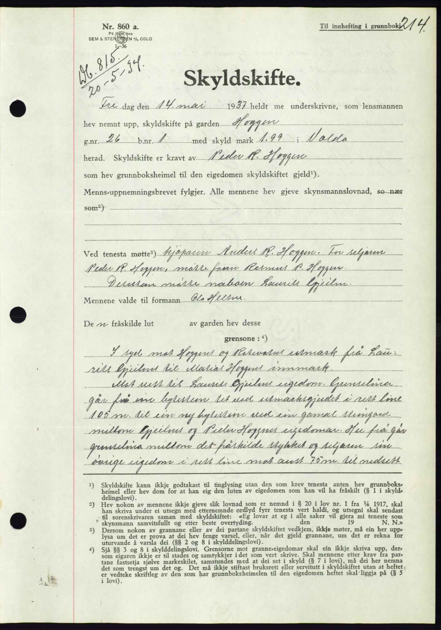 Søre Sunnmøre sorenskriveri, AV/SAT-A-4122/1/2/2C/L0063: Pantebok nr. 57, 1937-1937, Dagboknr: 815/1937