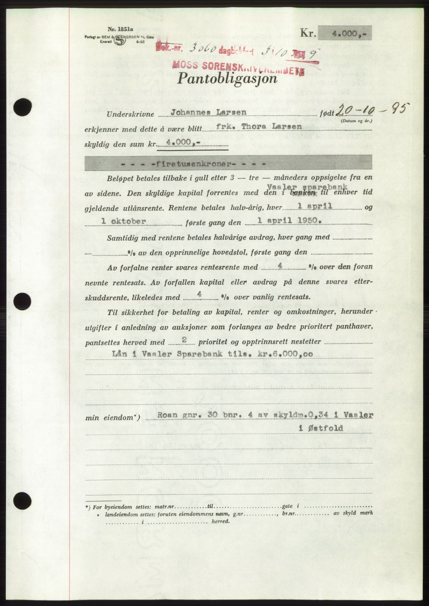 Moss sorenskriveri, SAO/A-10168: Pantebok nr. B22, 1949-1949, Dagboknr: 3060/1949