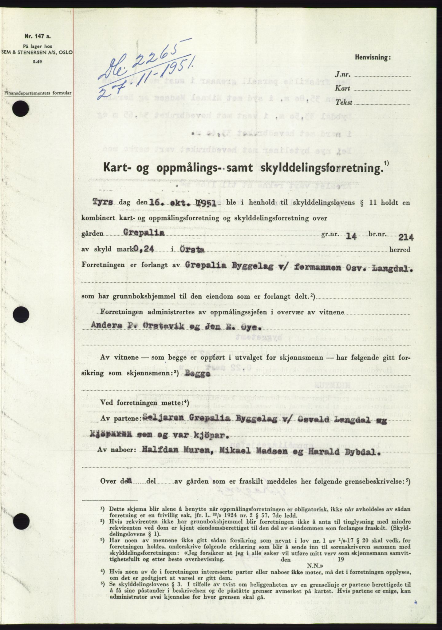 Søre Sunnmøre sorenskriveri, AV/SAT-A-4122/1/2/2C/L0090: Pantebok nr. 16A, 1951-1951, Dagboknr: 2265/1951