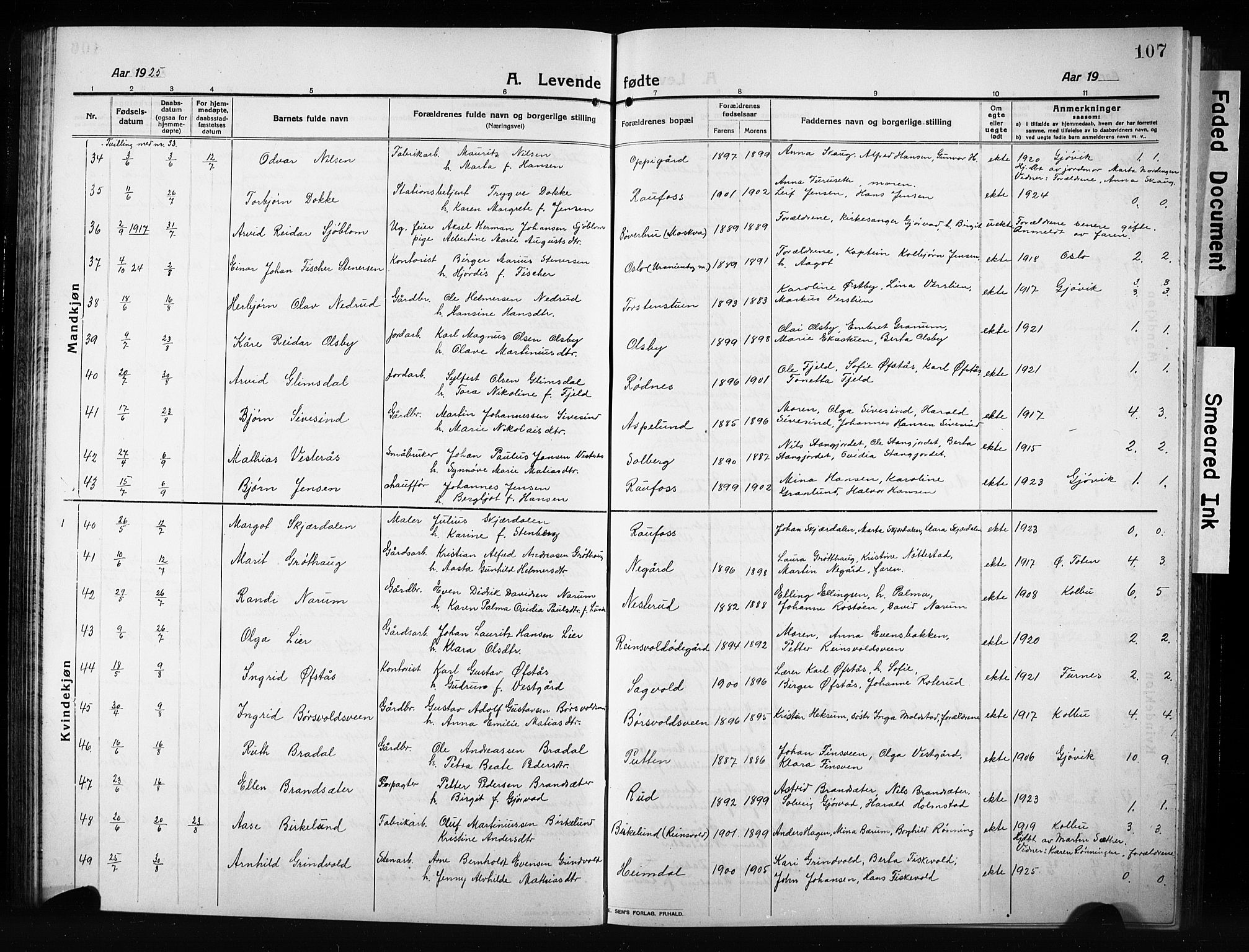 Vestre Toten prestekontor, AV/SAH-PREST-108/H/Ha/Hab/L0012: Klokkerbok nr. 12, 1909-1928, s. 107