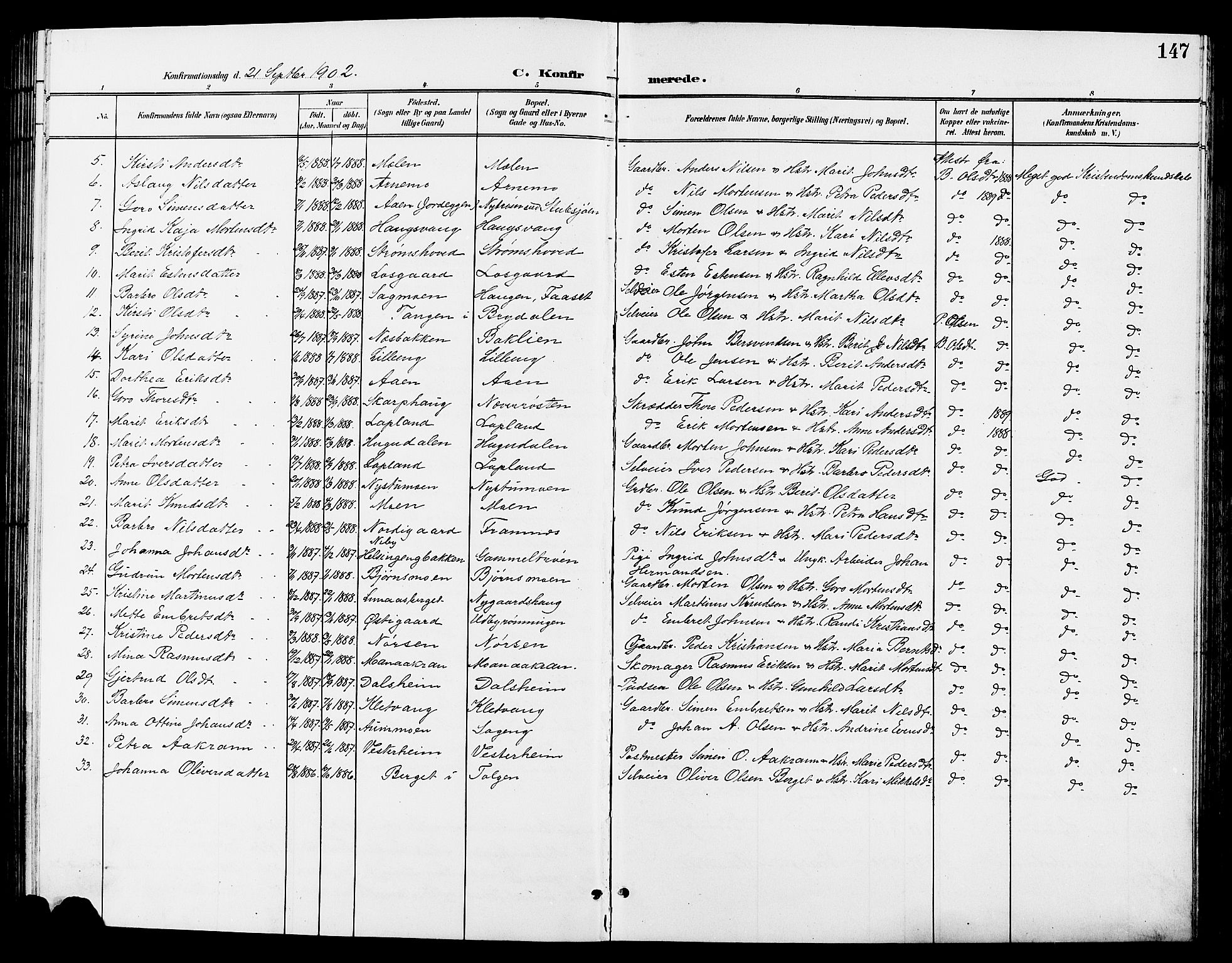 Tynset prestekontor, AV/SAH-PREST-058/H/Ha/Hab/L0009: Klokkerbok nr. 9, 1900-1914, s. 147