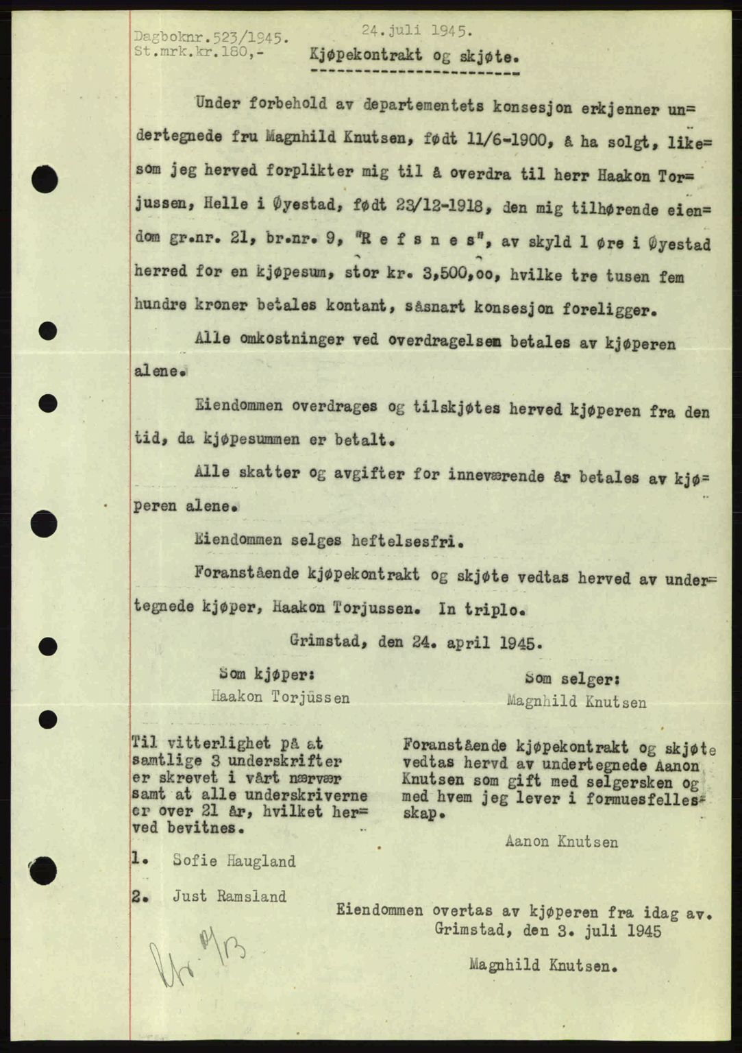Nedenes sorenskriveri, SAK/1221-0006/G/Gb/Gba/L0052: Pantebok nr. A6a, 1944-1945, Dagboknr: 523/1945