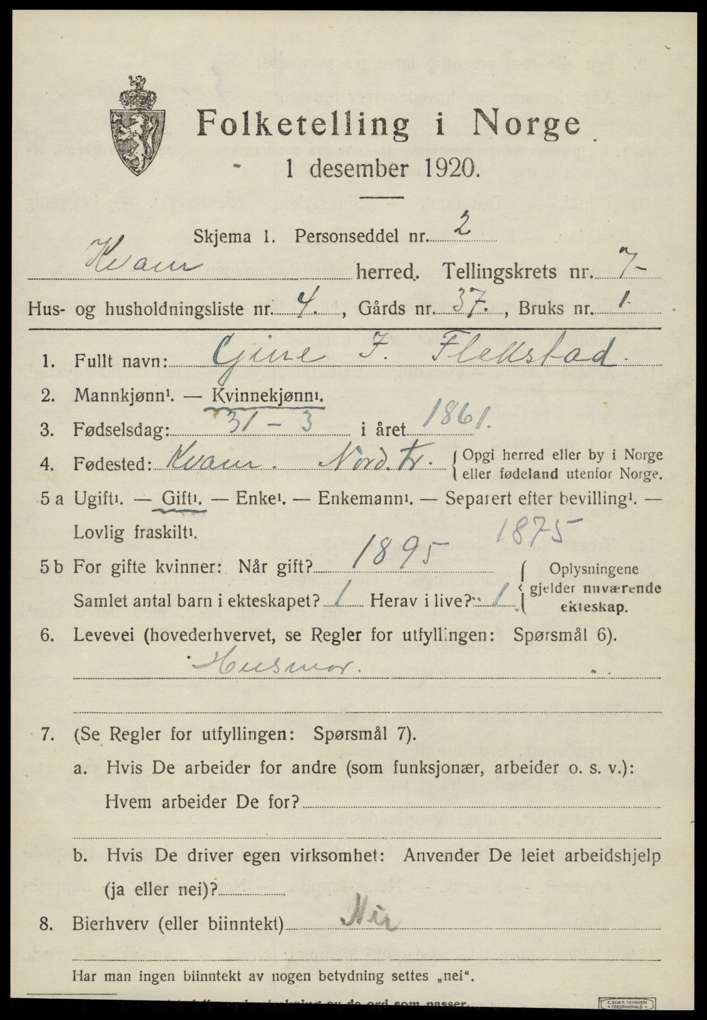 SAT, Folketelling 1920 for 1735 Kvam herred, 1920, s. 1837