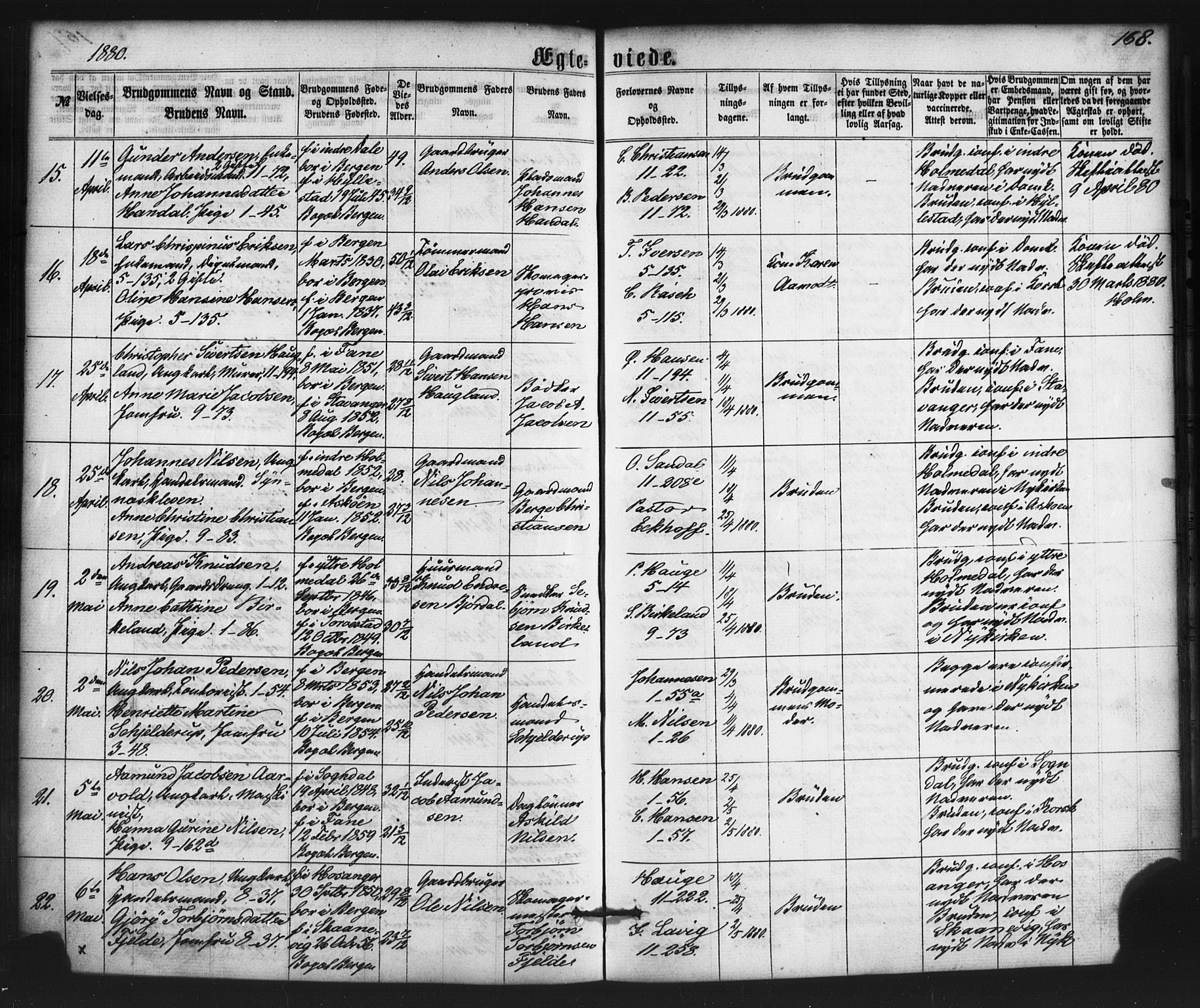 Nykirken Sokneprestembete, AV/SAB-A-77101/H/Haa/L0032: Ministerialbok nr. D 2, 1861-1883, s. 168