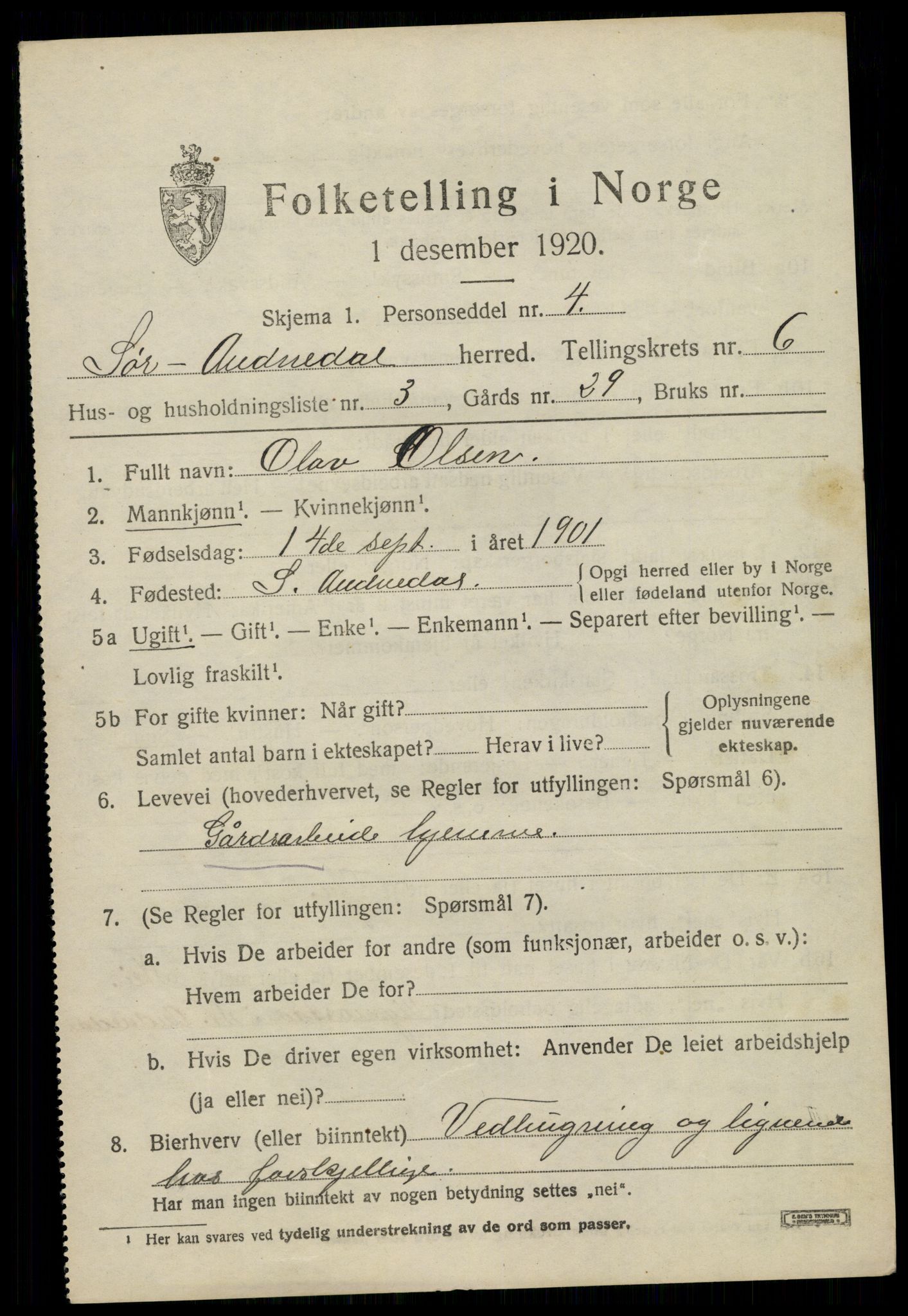 SAK, Folketelling 1920 for 1029 Sør-Audnedal herred, 1920, s. 2715
