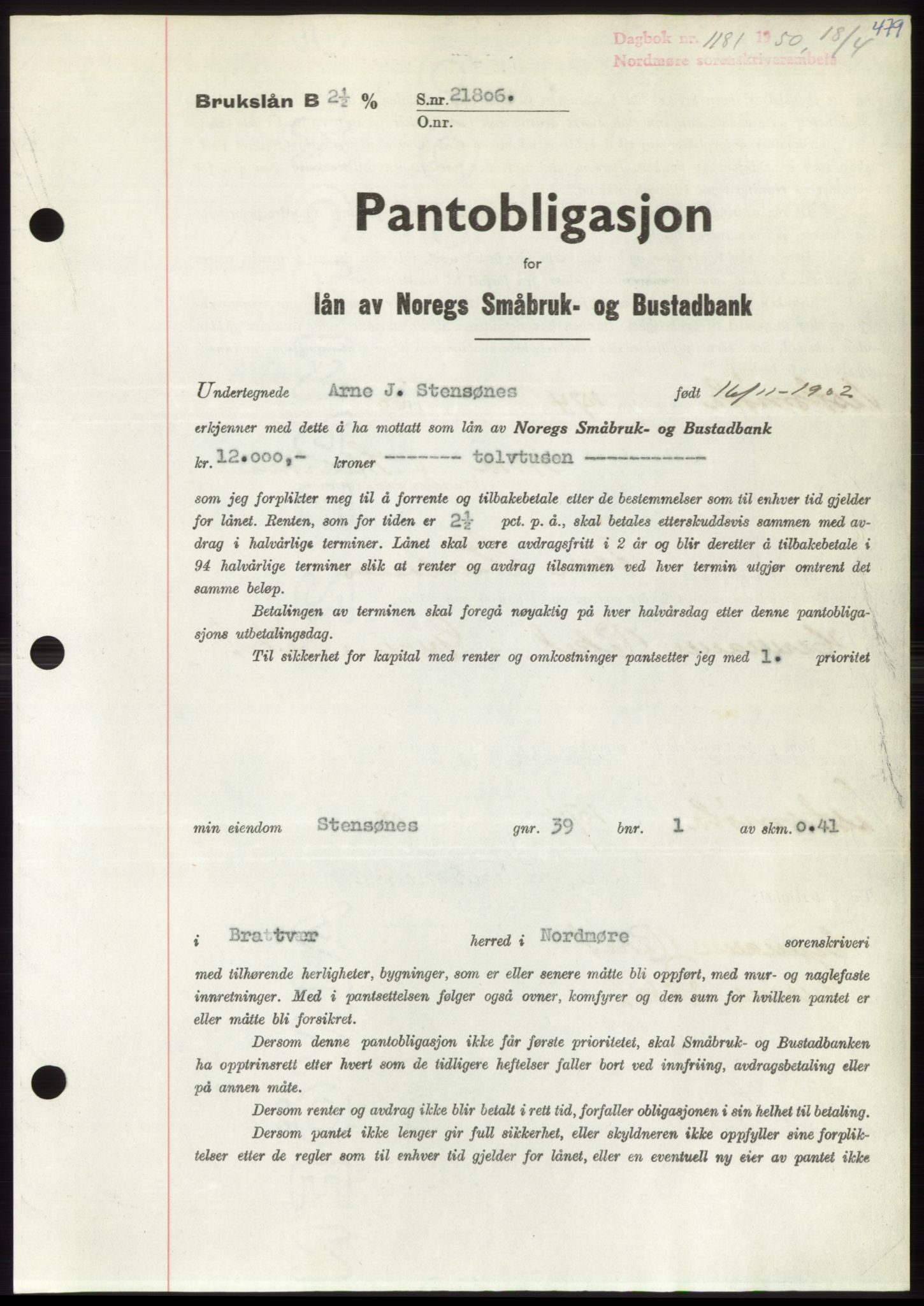 Nordmøre sorenskriveri, SAT/A-4132/1/2/2Ca: Pantebok nr. B104, 1950-1950, Dagboknr: 1181/1950