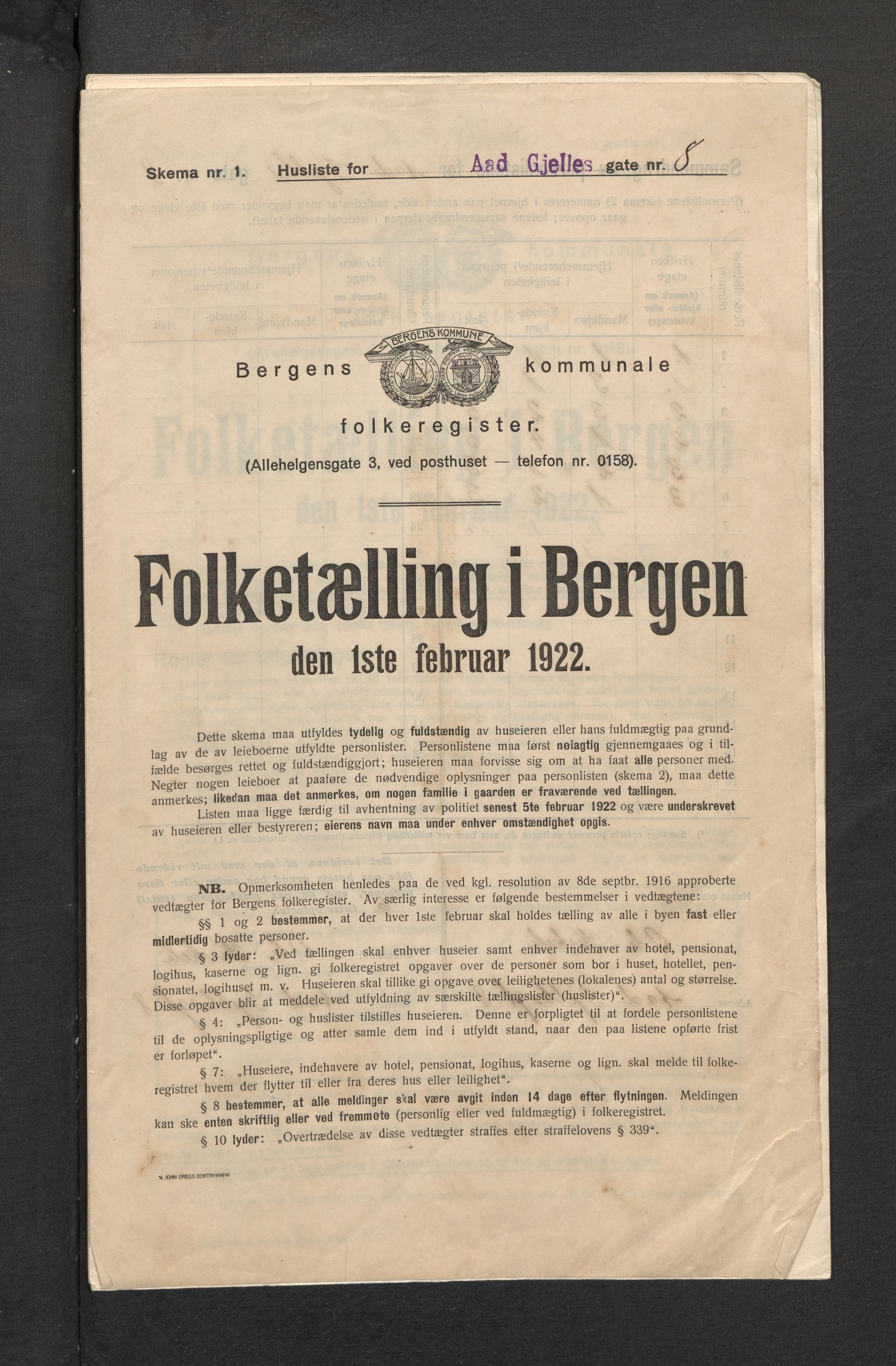 SAB, Kommunal folketelling 1922 for Bergen kjøpstad, 1922, s. 1