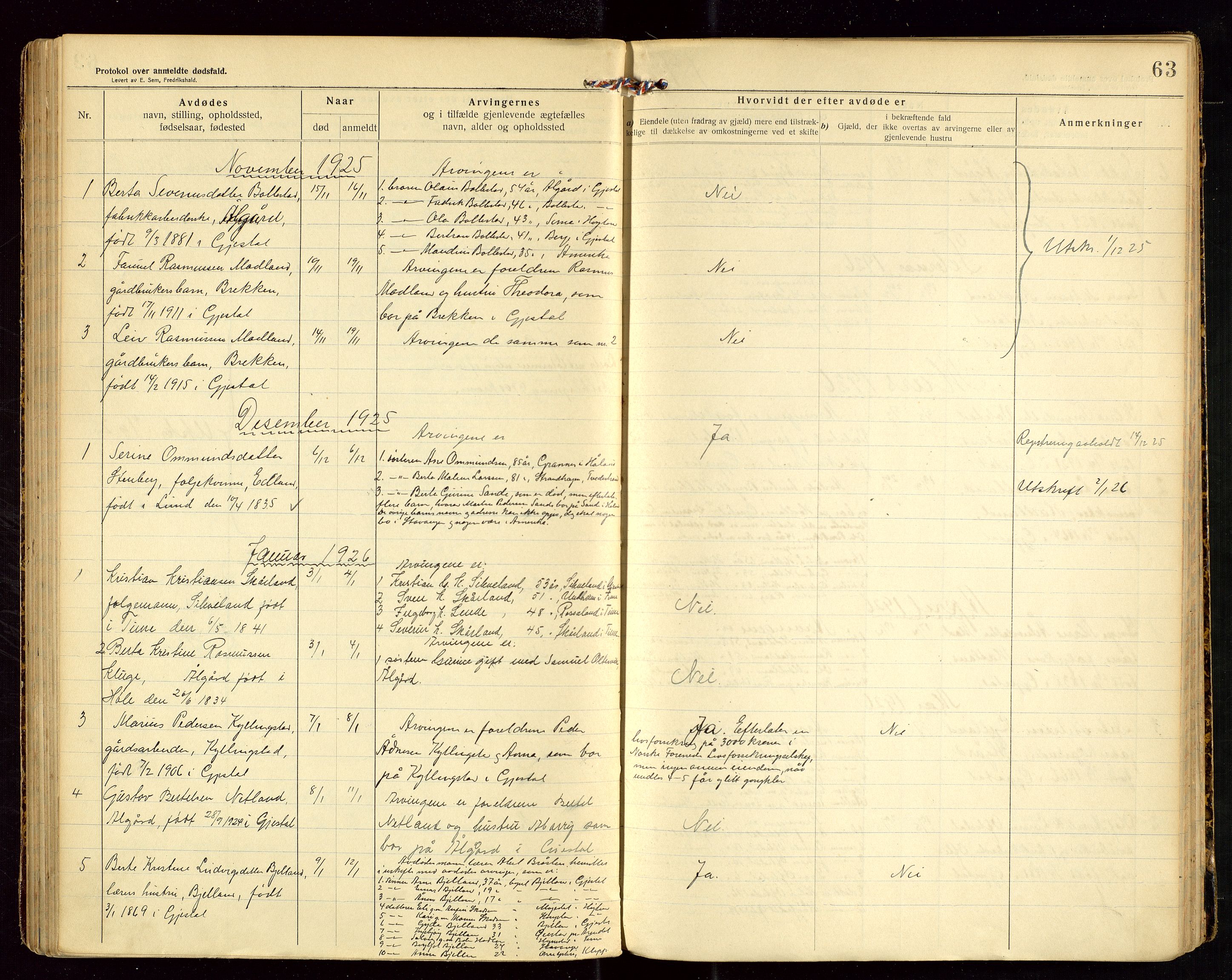 Gjesdal lensmannskontor, SAST/A-100441/Gga/L0002: Dødsfallprotokoll, 1911-1933, s. 63