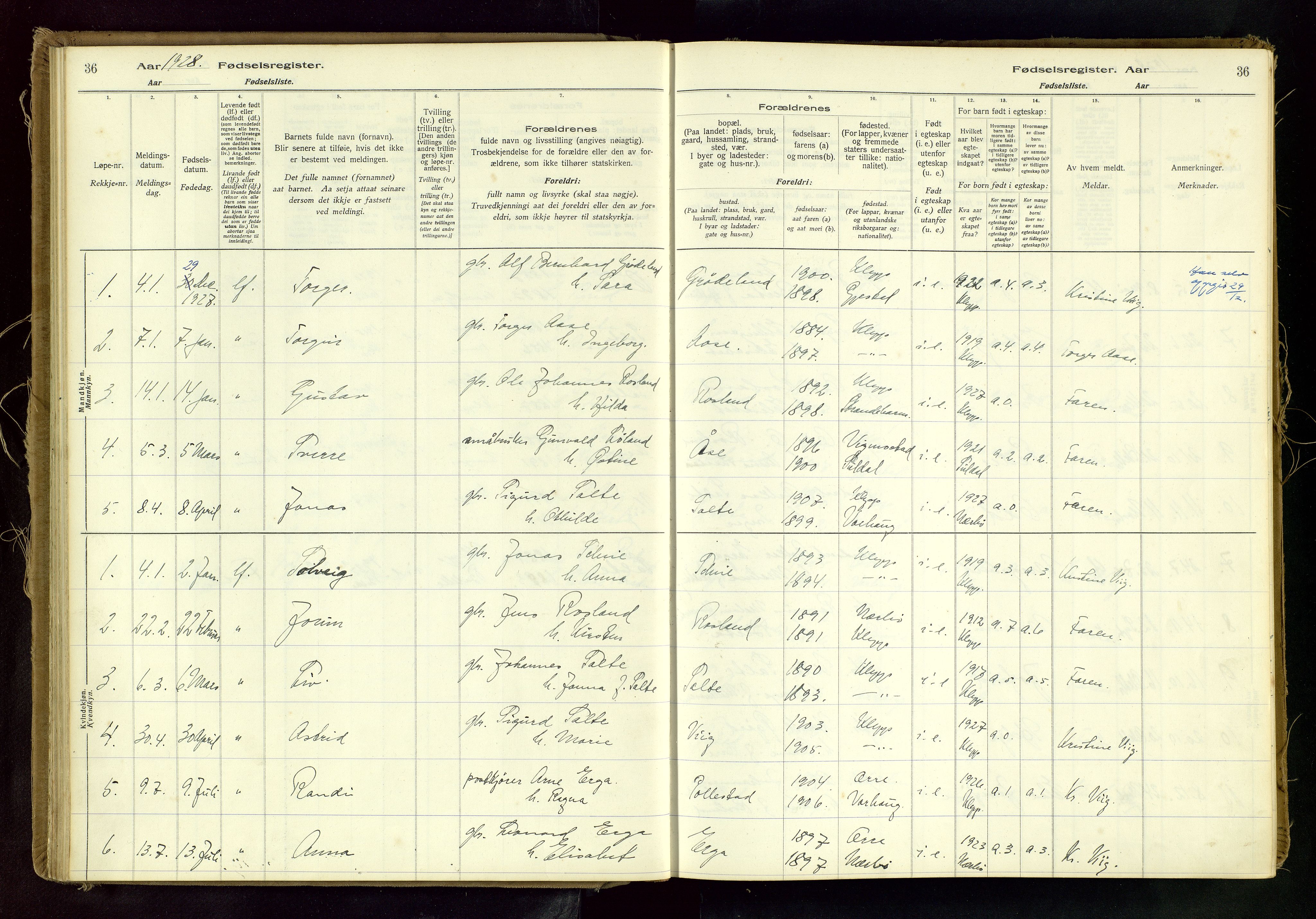 Klepp sokneprestkontor, AV/SAST-A-101803/001/704BAC/L0001: Fødselsregister nr. 1, 1916-1982, s. 36