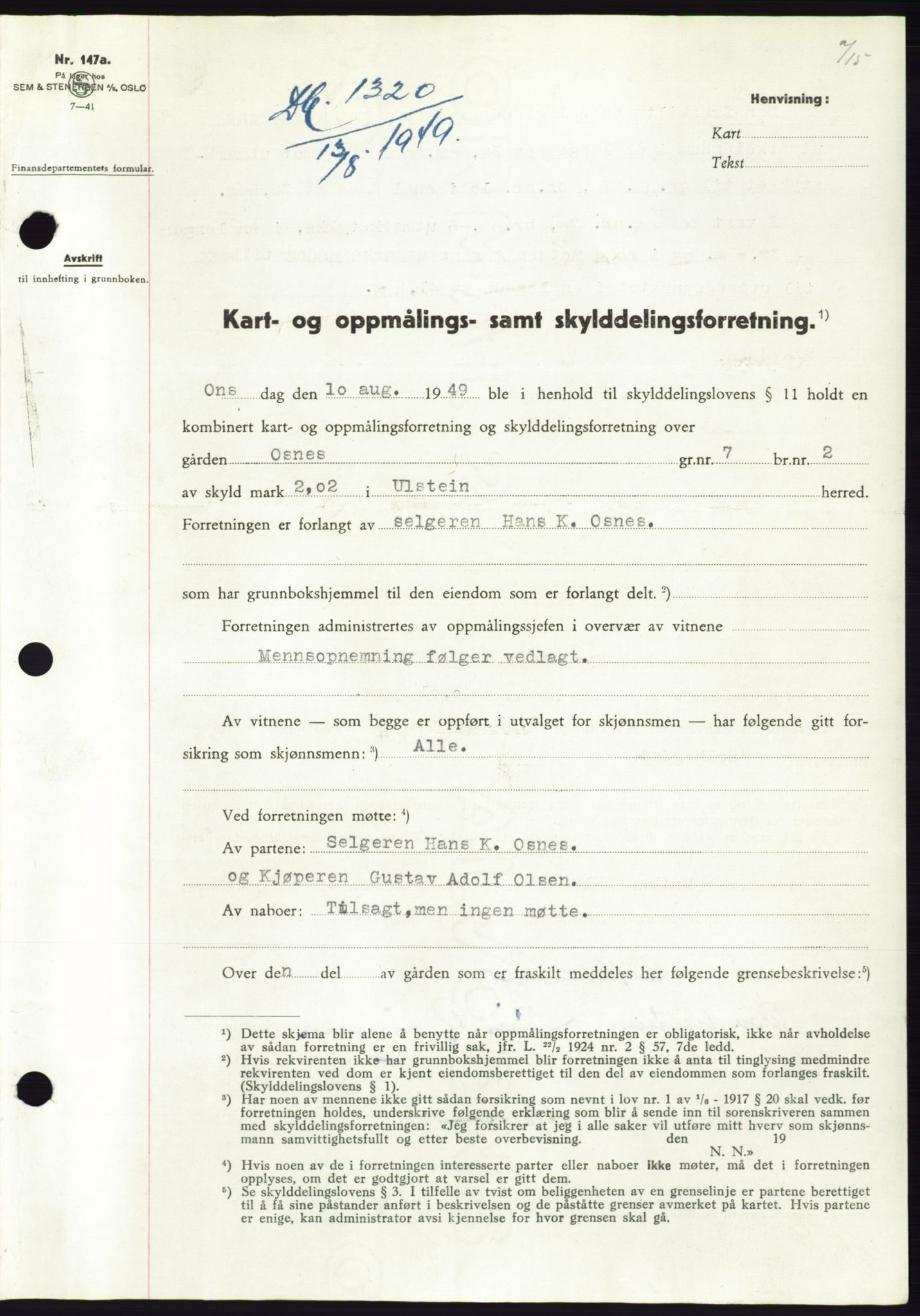 Søre Sunnmøre sorenskriveri, SAT/A-4122/1/2/2C/L0084: Pantebok nr. 10A, 1949-1949, Dagboknr: 1320/1949