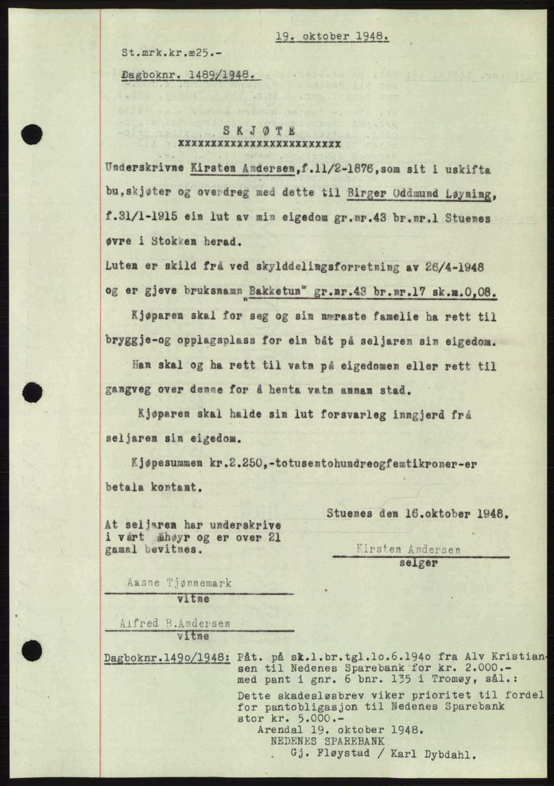 Nedenes sorenskriveri, SAK/1221-0006/G/Gb/Gba/L0059: Pantebok nr. A11, 1948-1948, Dagboknr: 1489/1948