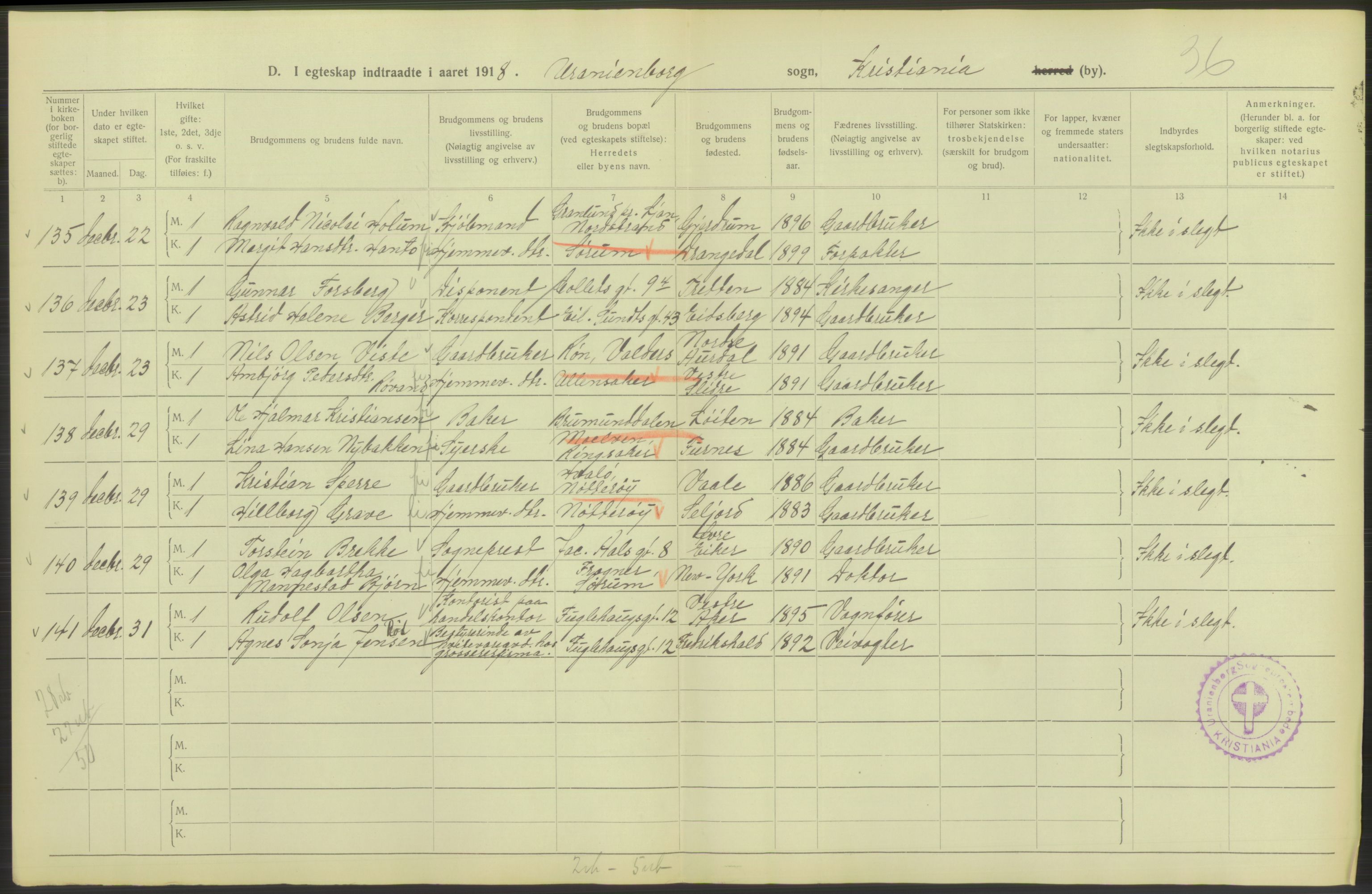 Statistisk sentralbyrå, Sosiodemografiske emner, Befolkning, AV/RA-S-2228/D/Df/Dfb/Dfbh/L0009: Kristiania: Gifte, 1918, s. 38