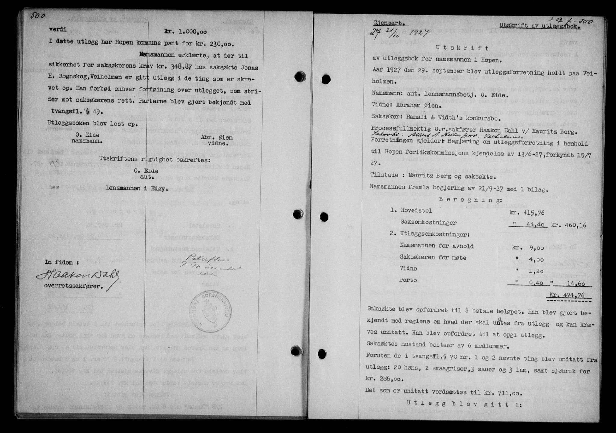 Nordmøre sorenskriveri, AV/SAT-A-4132/1/2/2Ca/L0062: Pantebok nr. 52, 1927-1927, Tingl.dato: 31.10.1927