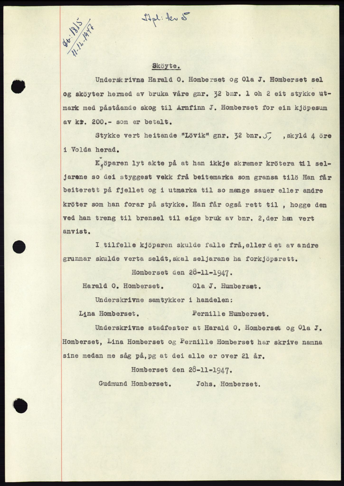 Søre Sunnmøre sorenskriveri, SAT/A-4122/1/2/2C/L0081: Pantebok nr. 7A, 1947-1948, Dagboknr: 1815/1947